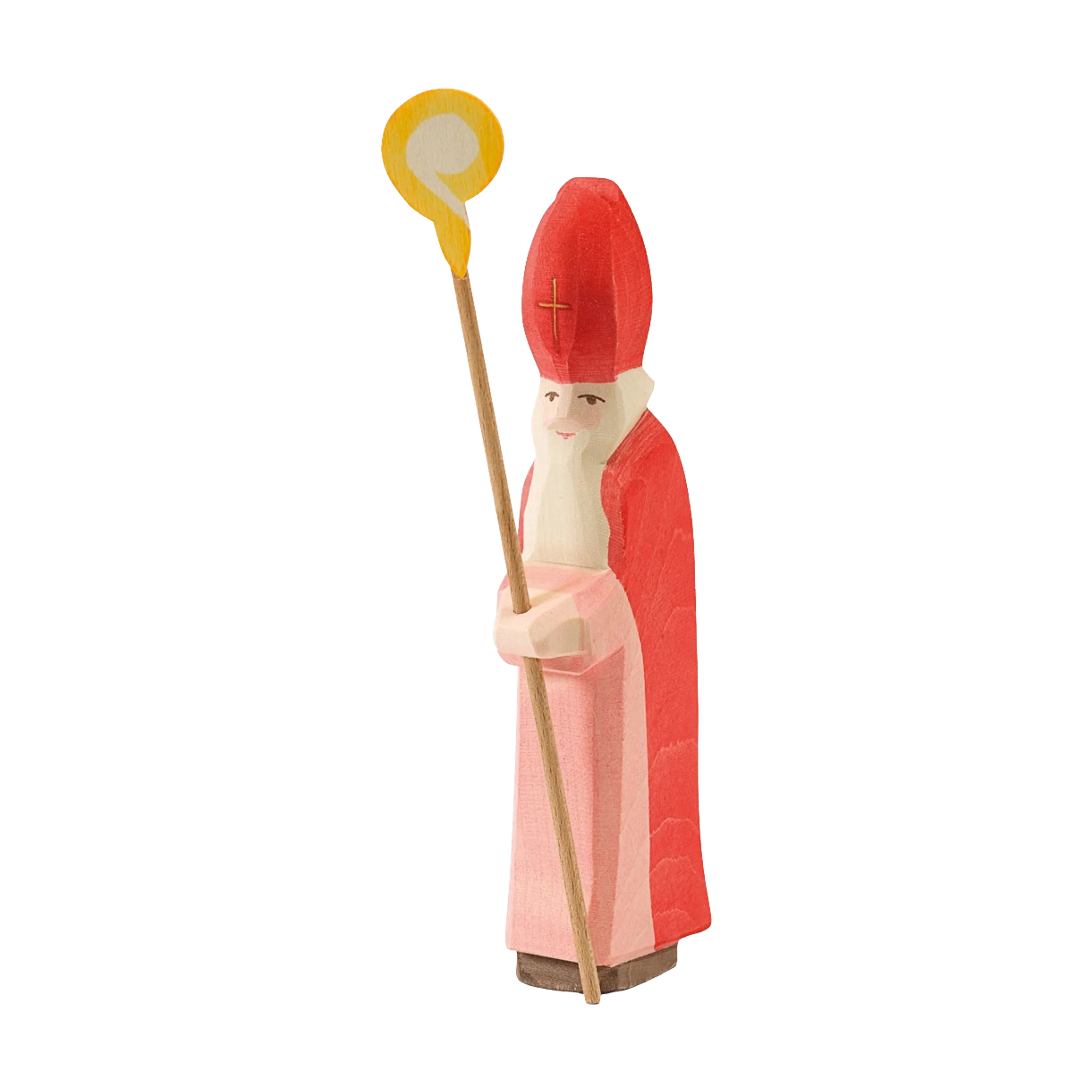 Holzfigur St. Nikolaus mit rotem Gewand und Mitra