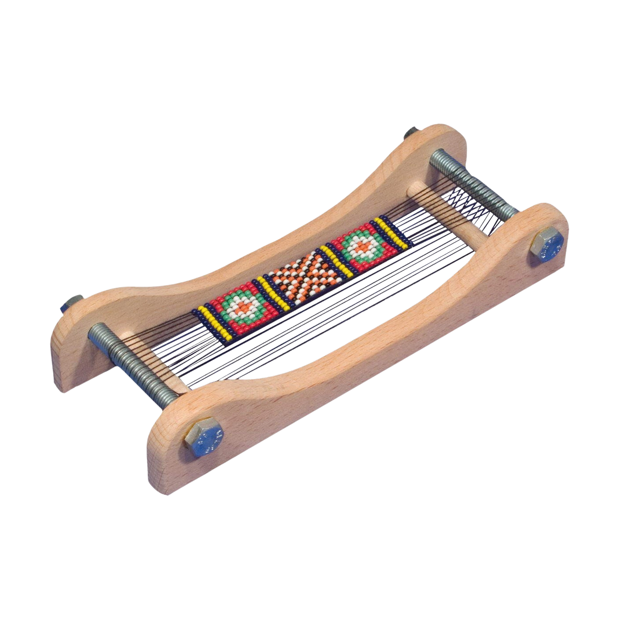 Kleiner Perlenwebrahmen aus geöltem Buchenholz mit geschwungenen Seiten und Metallstangen, bespannt mit feinen Fäden. Bunte Perlen werden zu einem Muster gewebt, ideal für Freundschaftsbändchen.