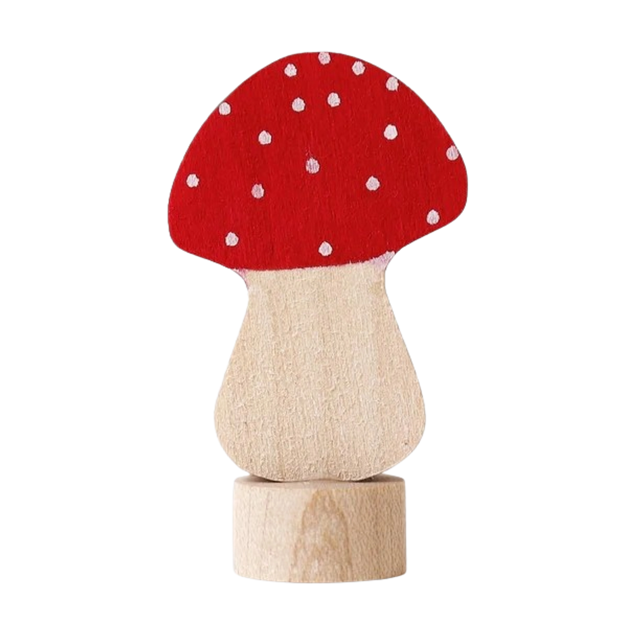 Steckfigur: Fliegenpilz aus handbemaltem Lindenholz, mit rotem Hut und weißen Punkten. Ideal zur Tischdekoration, kombinierbar mit anderen Figuren. Hergestellt in einer deutschen Manufaktur, repräsentiert KLICKKLACKs ästhetischen, nachhaltigen Ansatz.