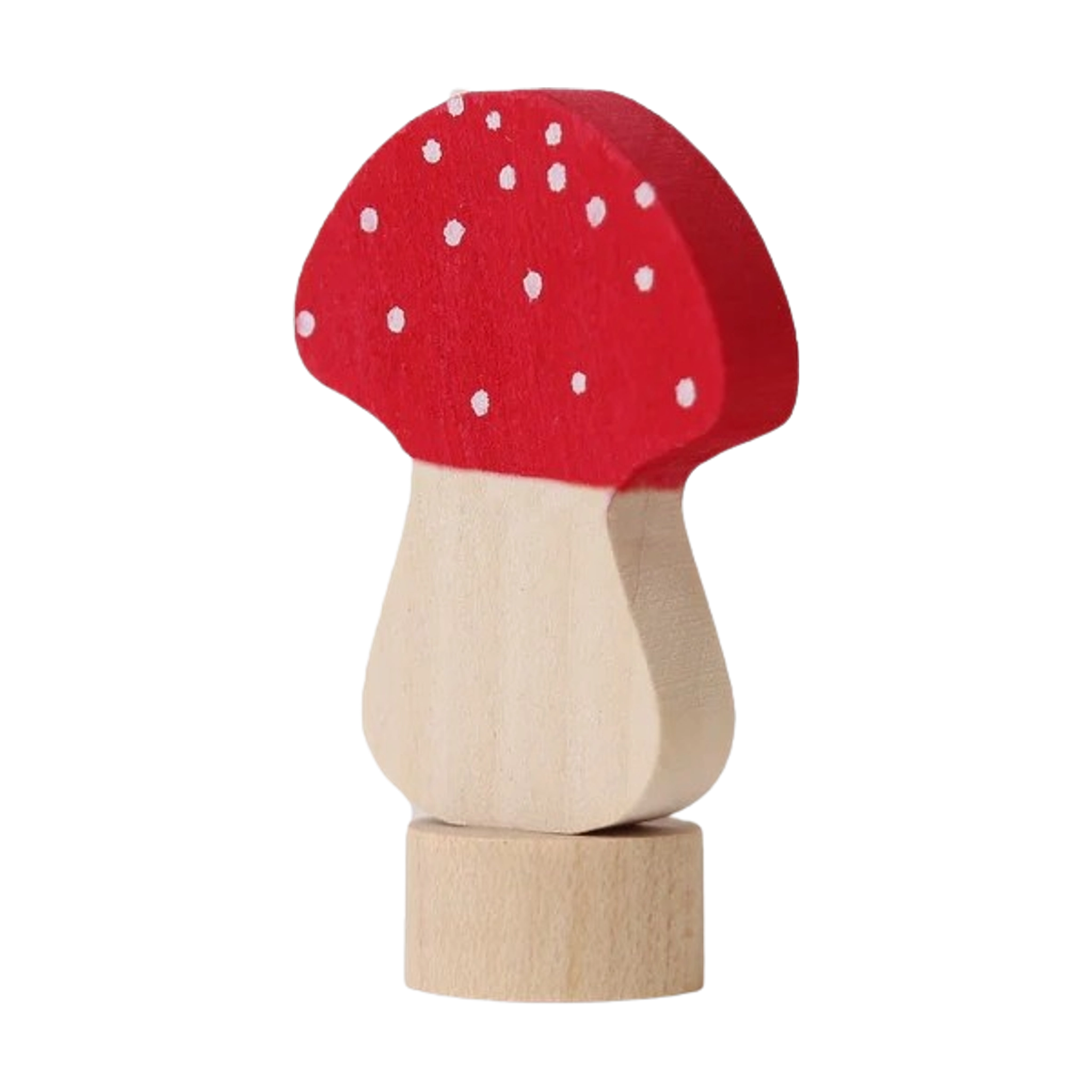Steckfigur: Fliegenpilz, ein handbemaltes Spielzeug aus Lindenholz, zeigt einen naturfarbenen Stiel mit einem roten, weiß gepunkteten Hut, ideal zur Tischdekoration und kombinierbar mit anderen Figuren und Kerzen.