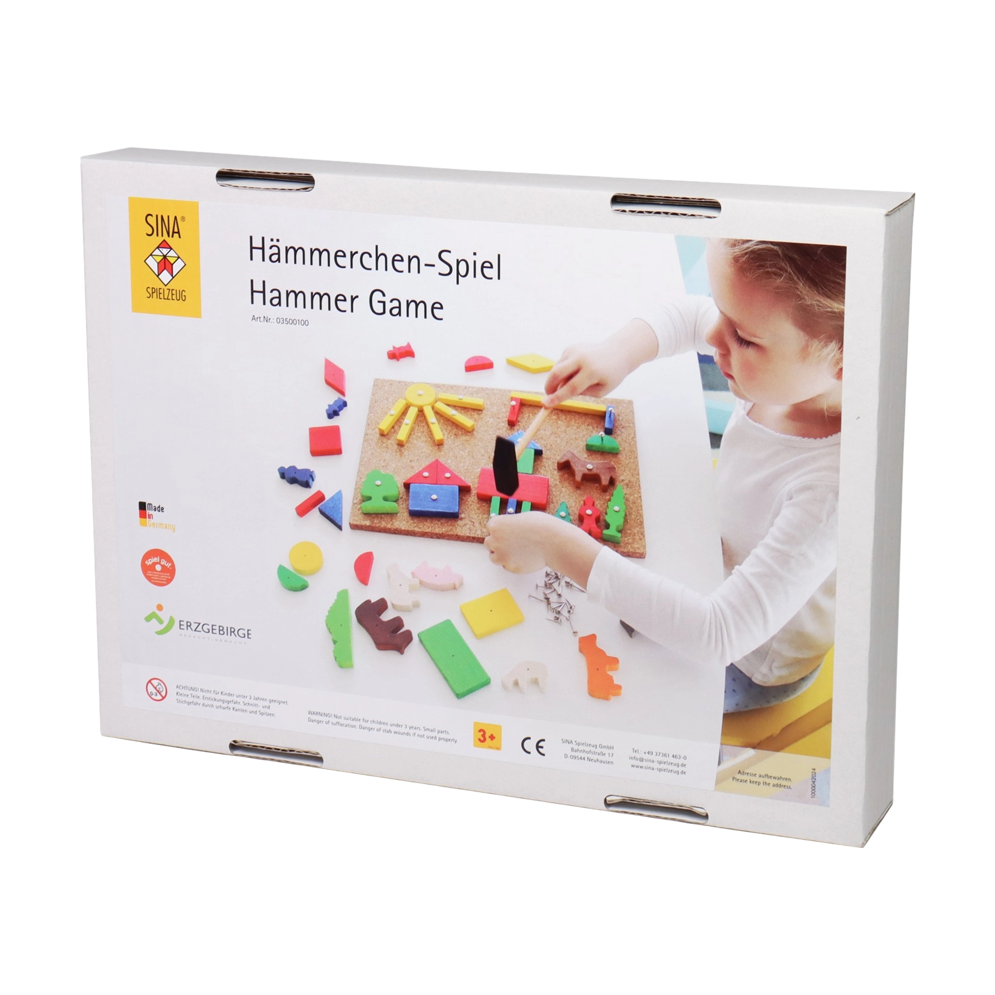 Hämmerchenspiel: Kinder spielen mit einem hölzernen Hammer, um bunte Formen auf eine kleine Korkplatte zu nageln. Hergestellt in Deutschland, fördert es Geschicklichkeit und Motorik, geeignet ab 3 Jahren. CE-zertifiziert.