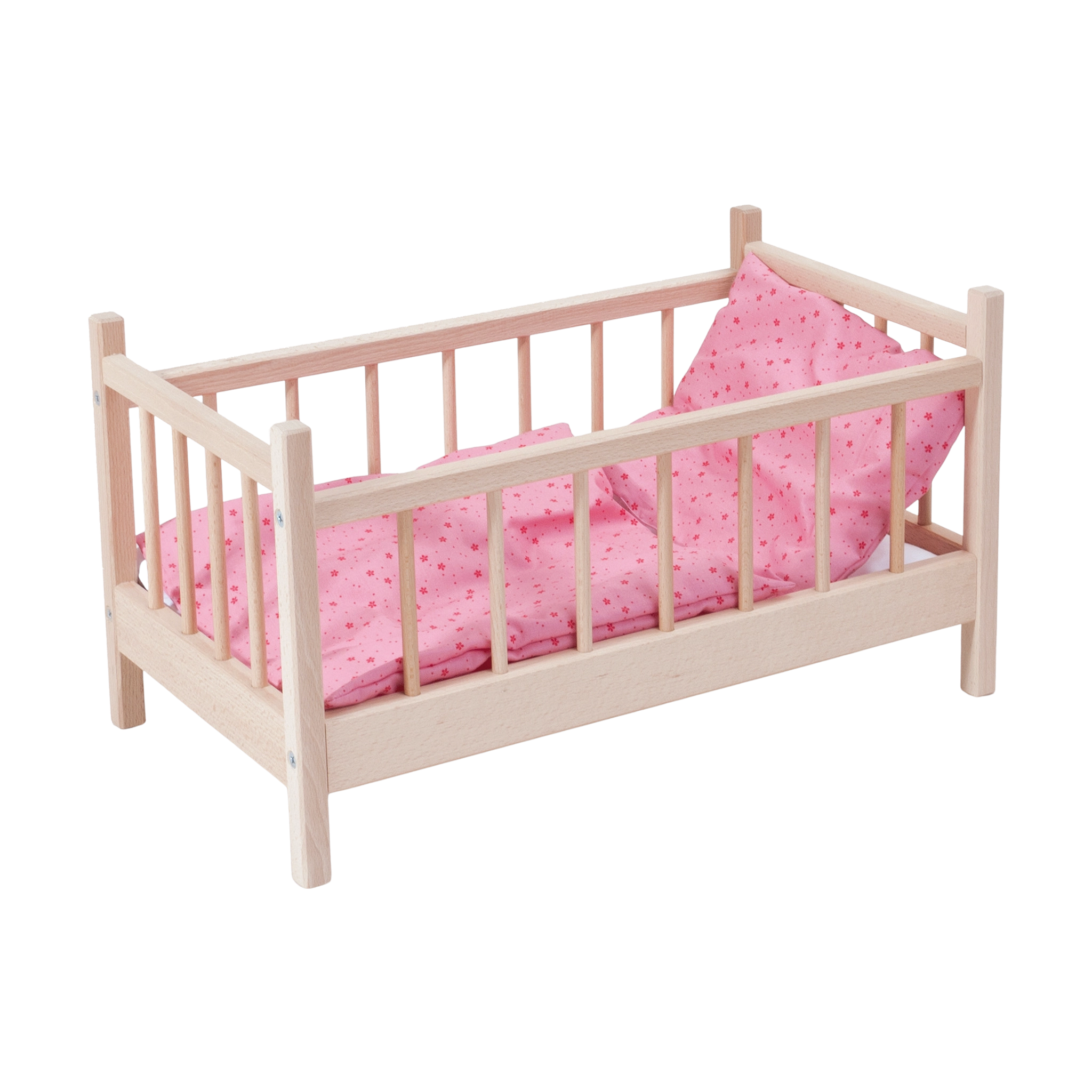 Puppengitterbett aus massivem Buchenholz, perfekt für Puppen und Kuscheltiere, mit rosa Kissen und Decke, hergestellt in Vorarlberg, Österreich, als nachhaltiges Spielzeug von waelderspielzeug bei KLICKKLACK erhältlich.