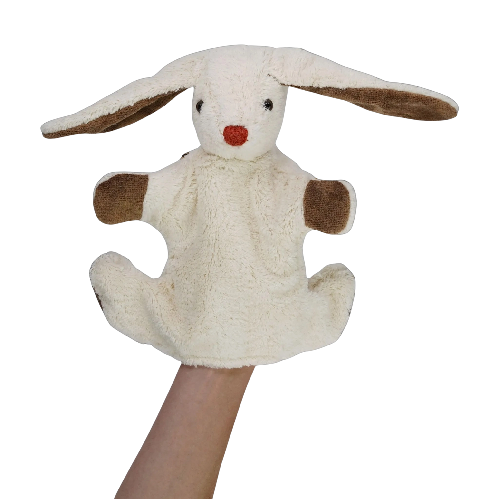 Handpuppe: Hase aus weicher Bio-Baumwolle, gehalten in einer Hand. Perfekt für fantasievolle Theaterstücke, hergestellt in einer deutschen Manufaktur. Nachhaltig und waschbar bei 30°C.