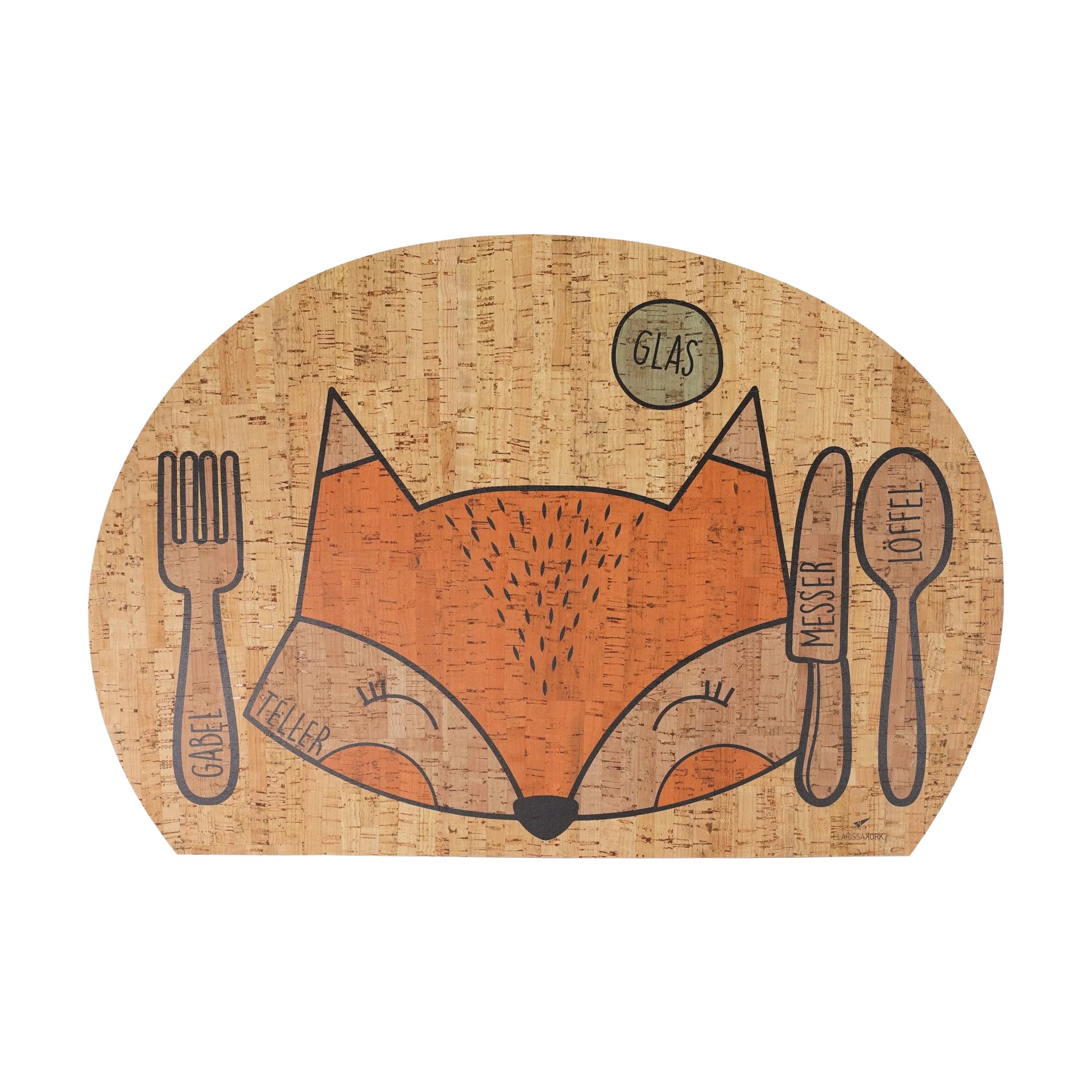 Kinder Tischset: Dreaming Fox aus wasserabweisendem Korkleder zeigt ein Fuchsgesicht mit Gabel und Löffel, inspiriert von Montessori, ideal für den Familientisch, handgefertigt in Österreich.