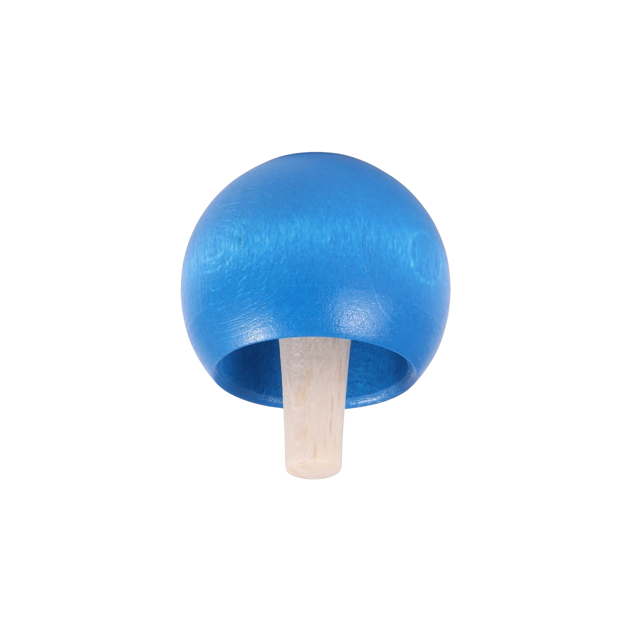 Umkehrkreisel blau aus massivem Ahornholz, gefertigt in Deutschland. Der Kreisel hat einen naturbelassenen Stiel und eine halbrunde, blau bemalte Oberfläche, die sich beim Drehen umkehrt.