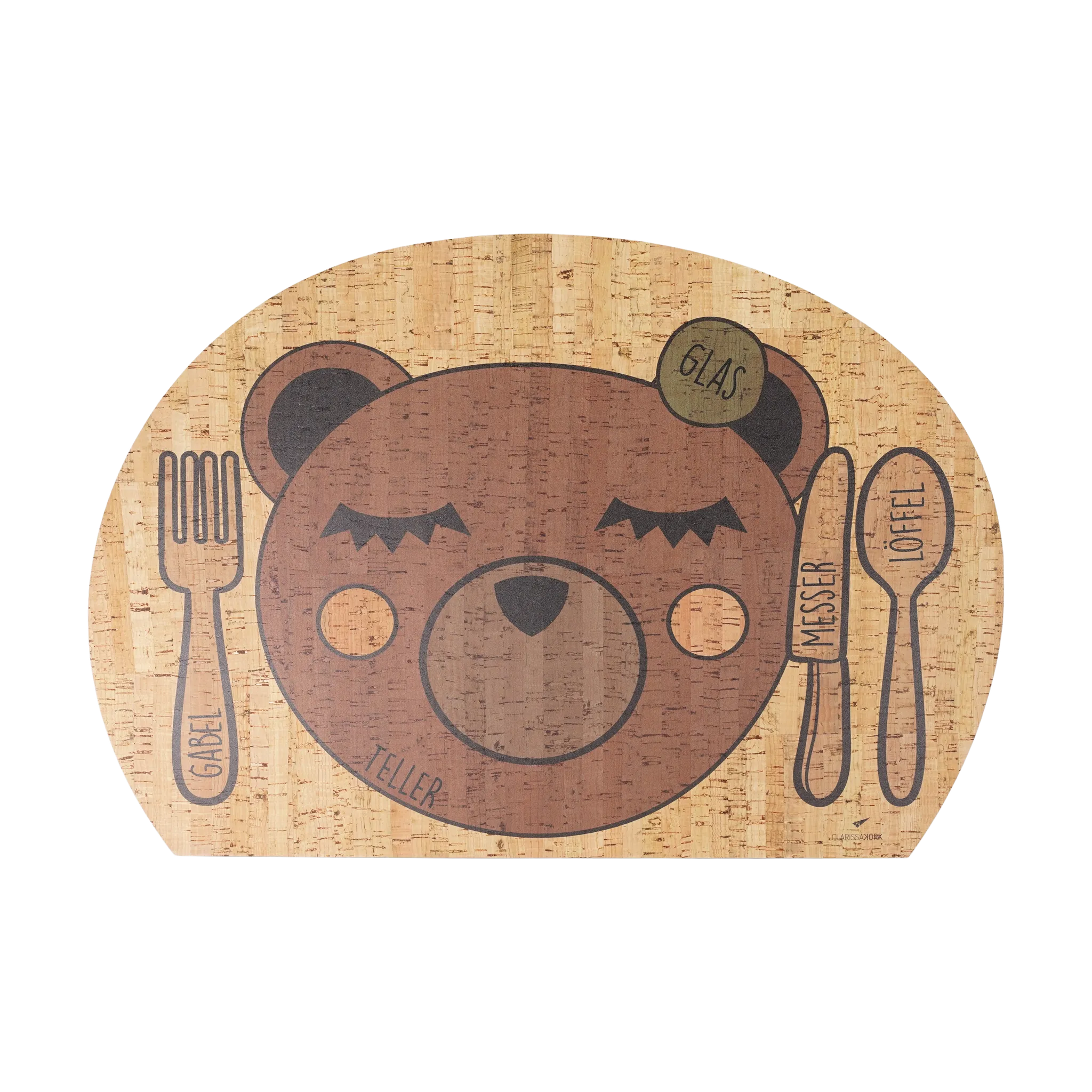 Kinder Tischset: Enjoying Bear, ein charmantes, Montessori-inspiriertes Design aus wasserabweisendem Korkleder, zeigt ein lächelndes Bärengesicht auf einem Holzbrett mit passendem Löffel und Gabel, perfekt für den Familientisch.