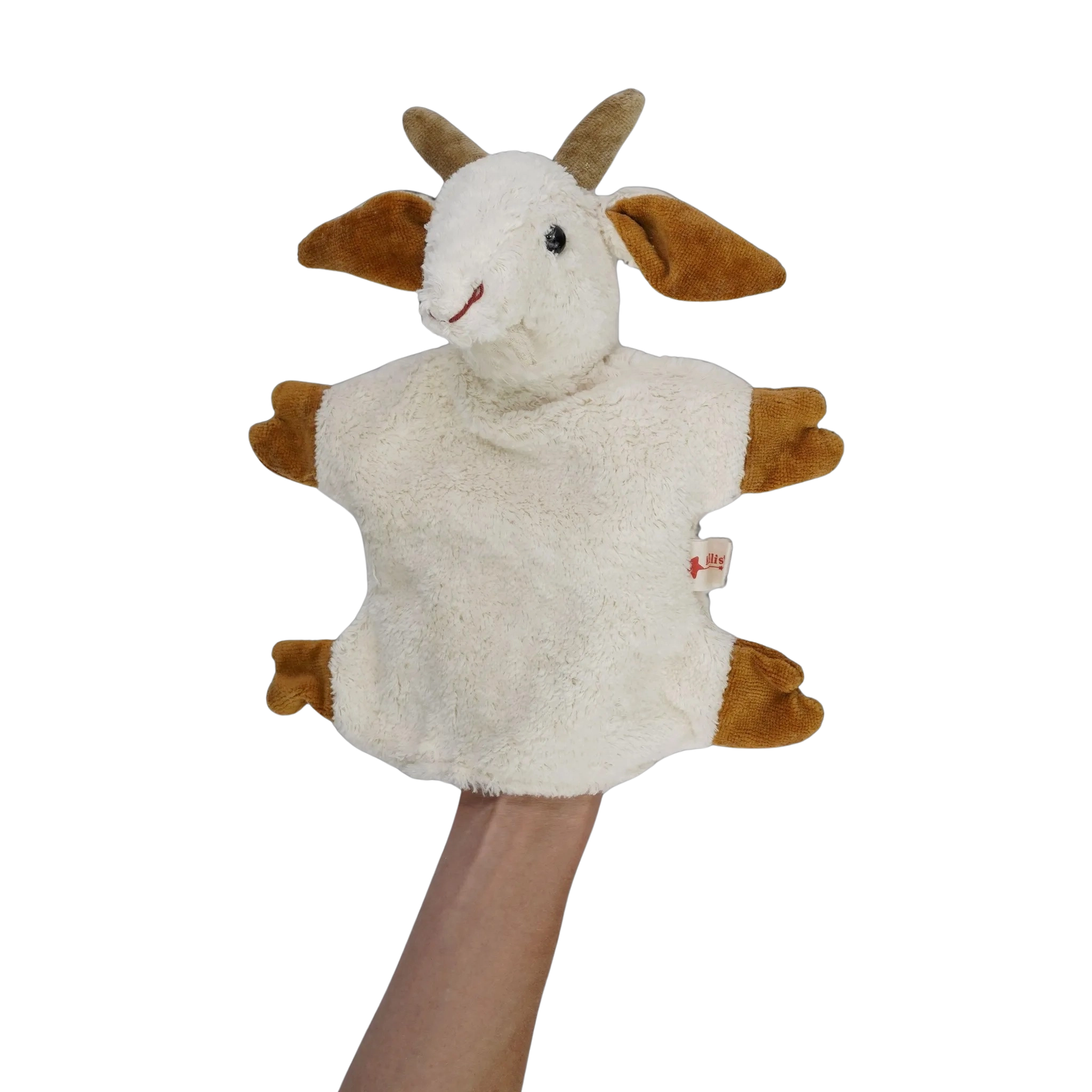 Handpuppe: Ziege aus weicher Bio-Baumwolle, handgefertigt in Deutschland, ideal für fantasievolle Theaterstücke. Puppenform mit gesticktem Gesicht, geeignet für Wollwaschgang bei 30°C, verkörpert nachhaltige Produktion und Designästhetik.