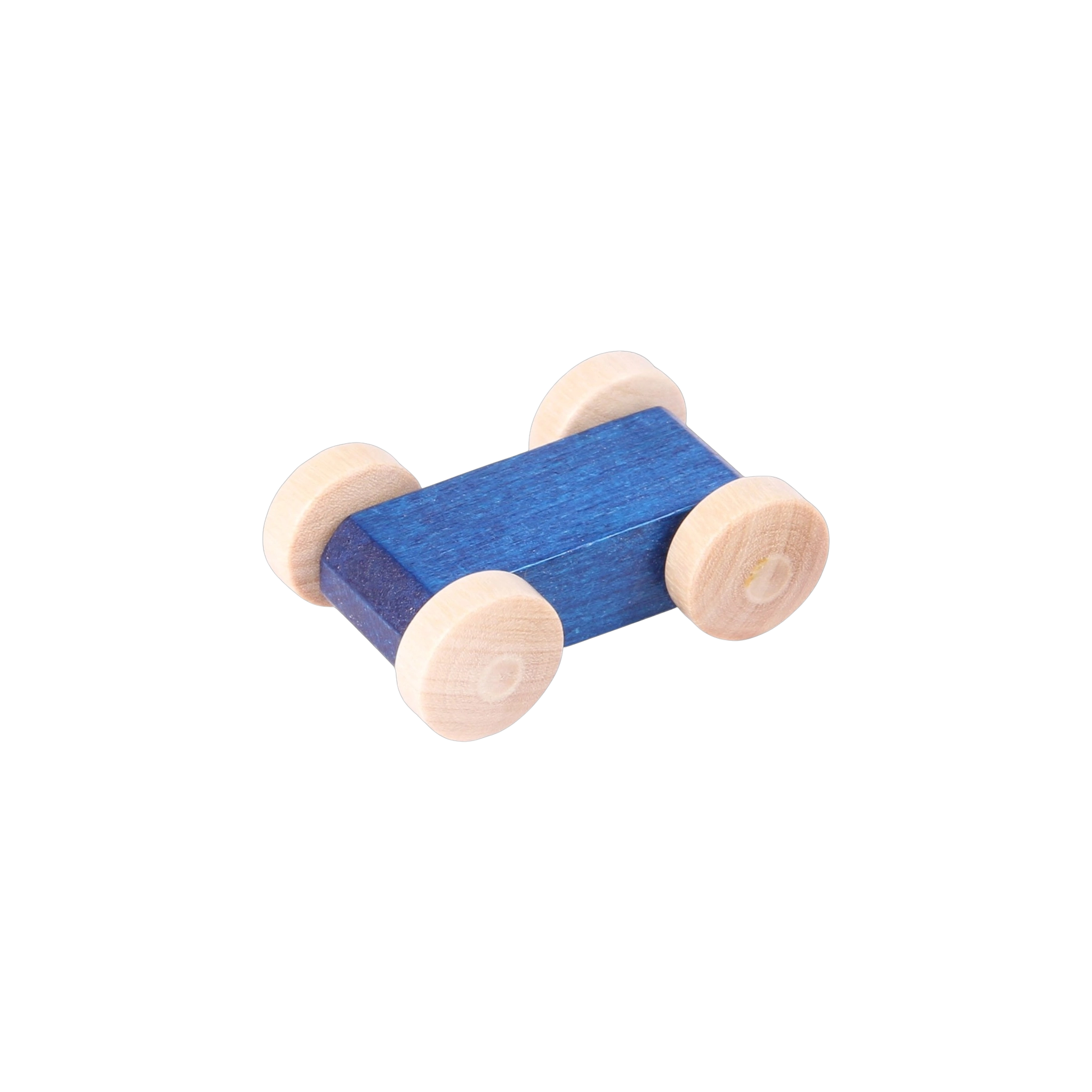 Laufbahnauto blau aus massivem Ahornholz mit rechteckigem Körper und vier runden, unlackierten Holzrädern, hergestellt in einem deutschen Familienbetrieb, ideal für Laufbahnen und freies Spiel.