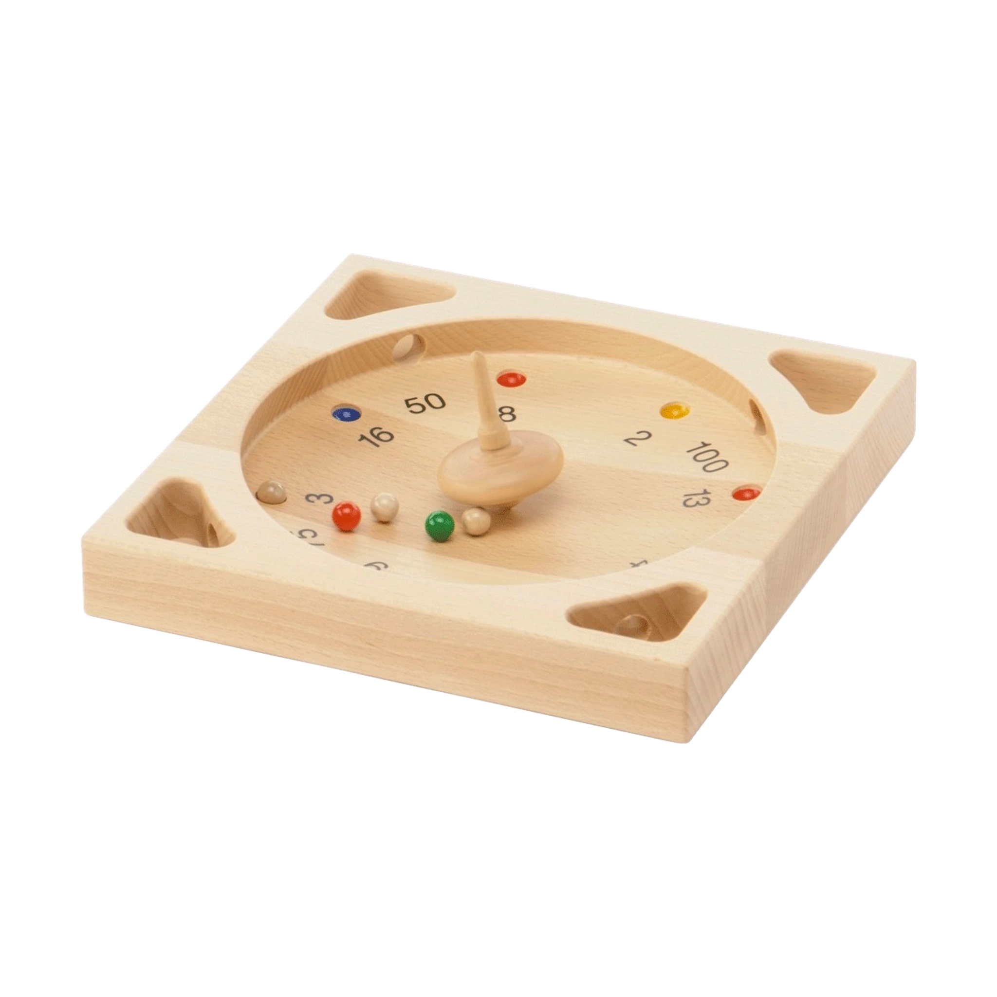 Kreiselspiel: Roulette – Geschicklichkeitsspiel aus massivem Buchenholz mit zentralem Kreisel, nummerierten Punktzonen und Holzmurmeln. Fördert Feinmotorik und Konzentration, hergestellt in einer geschützten Werkstätte in Deutschland.