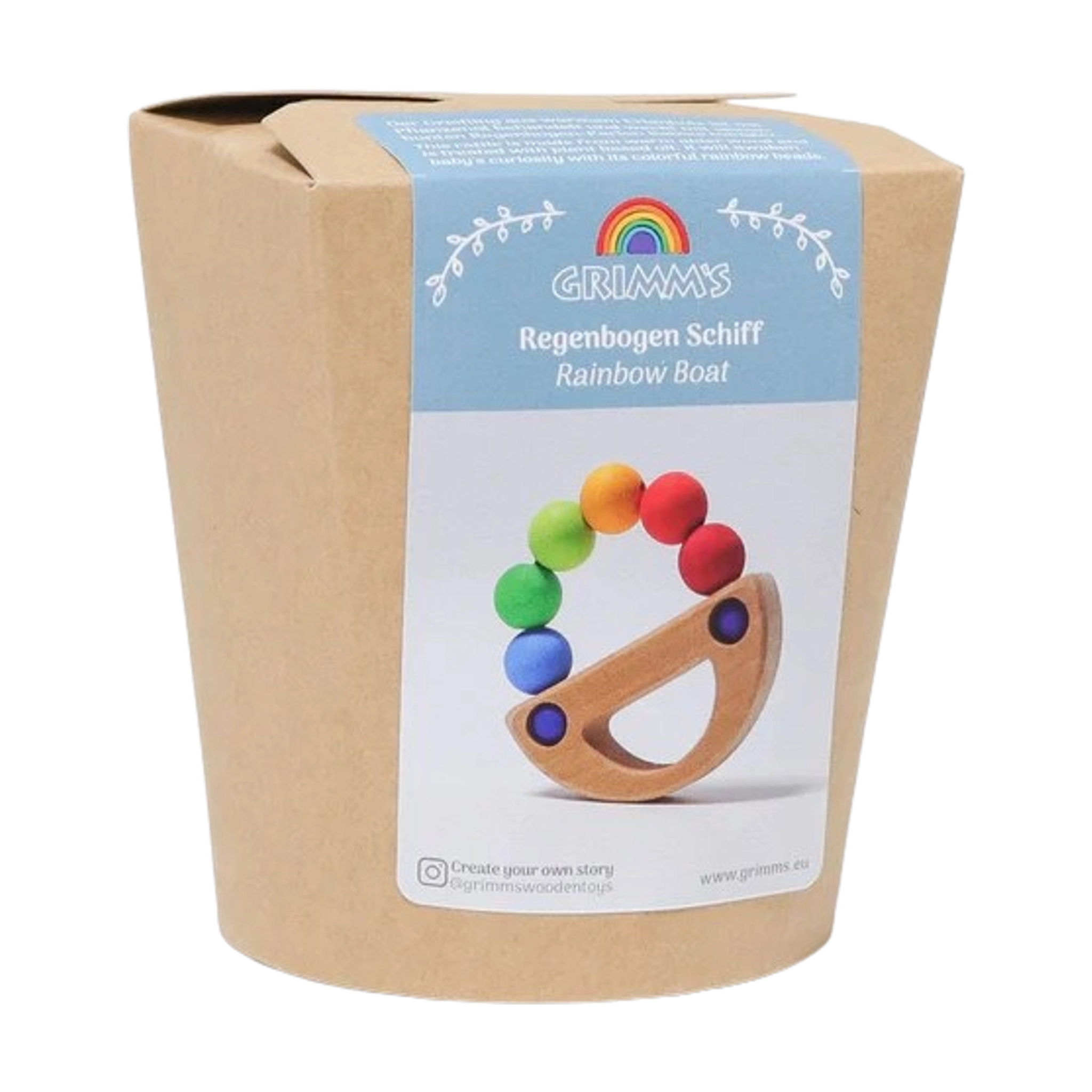Produktabbildung der Verpackung von Grimms Regenbogen Schiff: ein halbrunder Holzsockel mit einem Regenbogenbogen aus sieben Holzkugeln, gefertigt aus massivem, farblich lasiertem Ahorn- und Buchenholz.