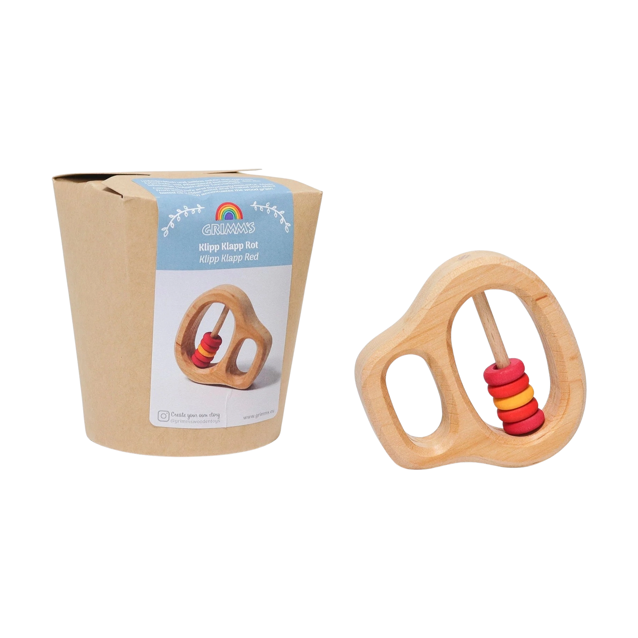 Grimm’s Klipp-Klapp Rot Baby-Rassel mit naturbelassenem Buchenholzrahmen, drei rot-orange Holzscheiben, in Kraftpapierverpackung. Fördert Babygreifen und Feinmotorik, hergestellt in deutscher Manufaktur.