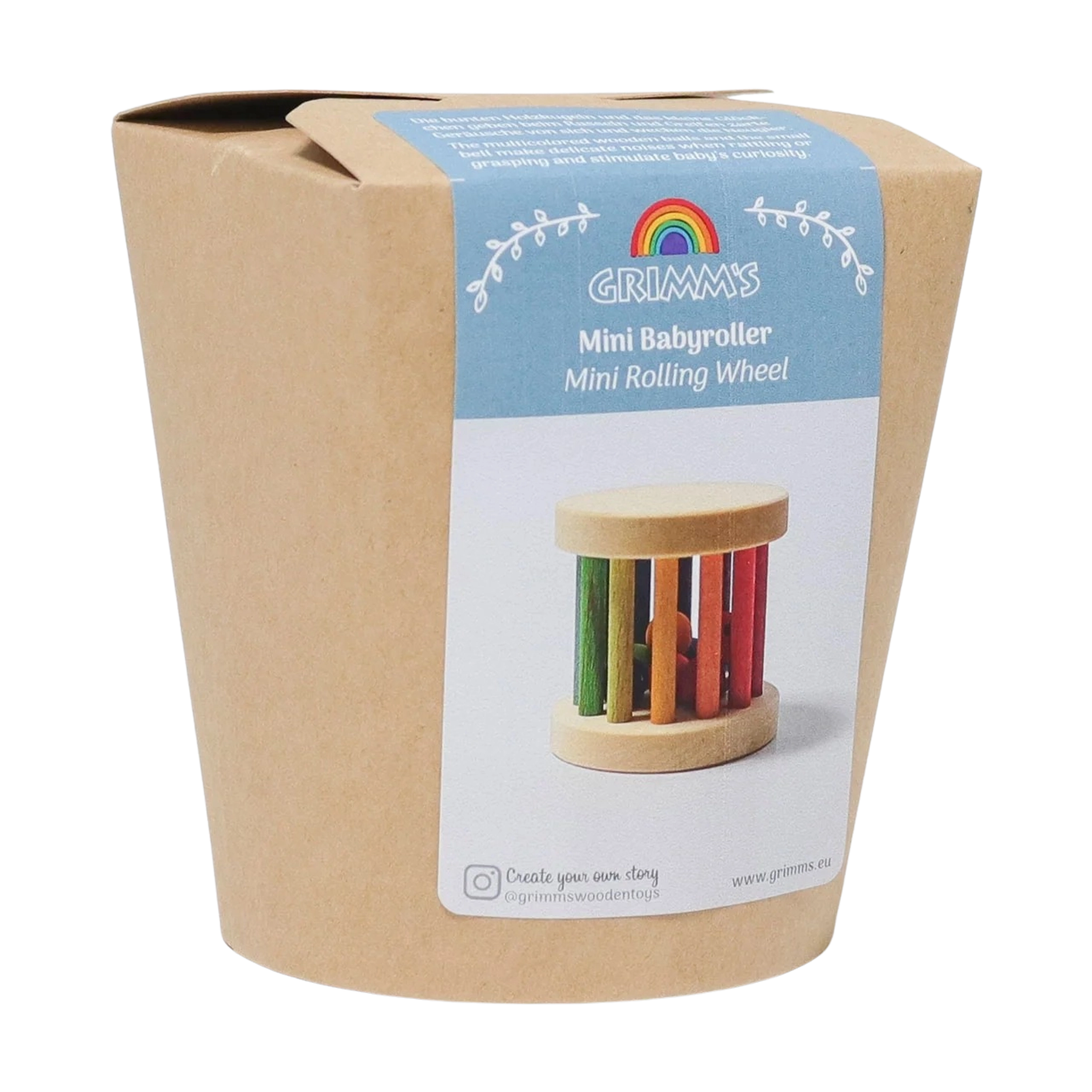 Rassel: Regenbogen Mini-Babyroller, ein hölzernes Babyspielzeug von Grimms in einer zylindrischen Kraftpapierverpackung. Es besteht aus zwei Endscheiben mit bunten Stäben und einer gefangenen Holzkugel.