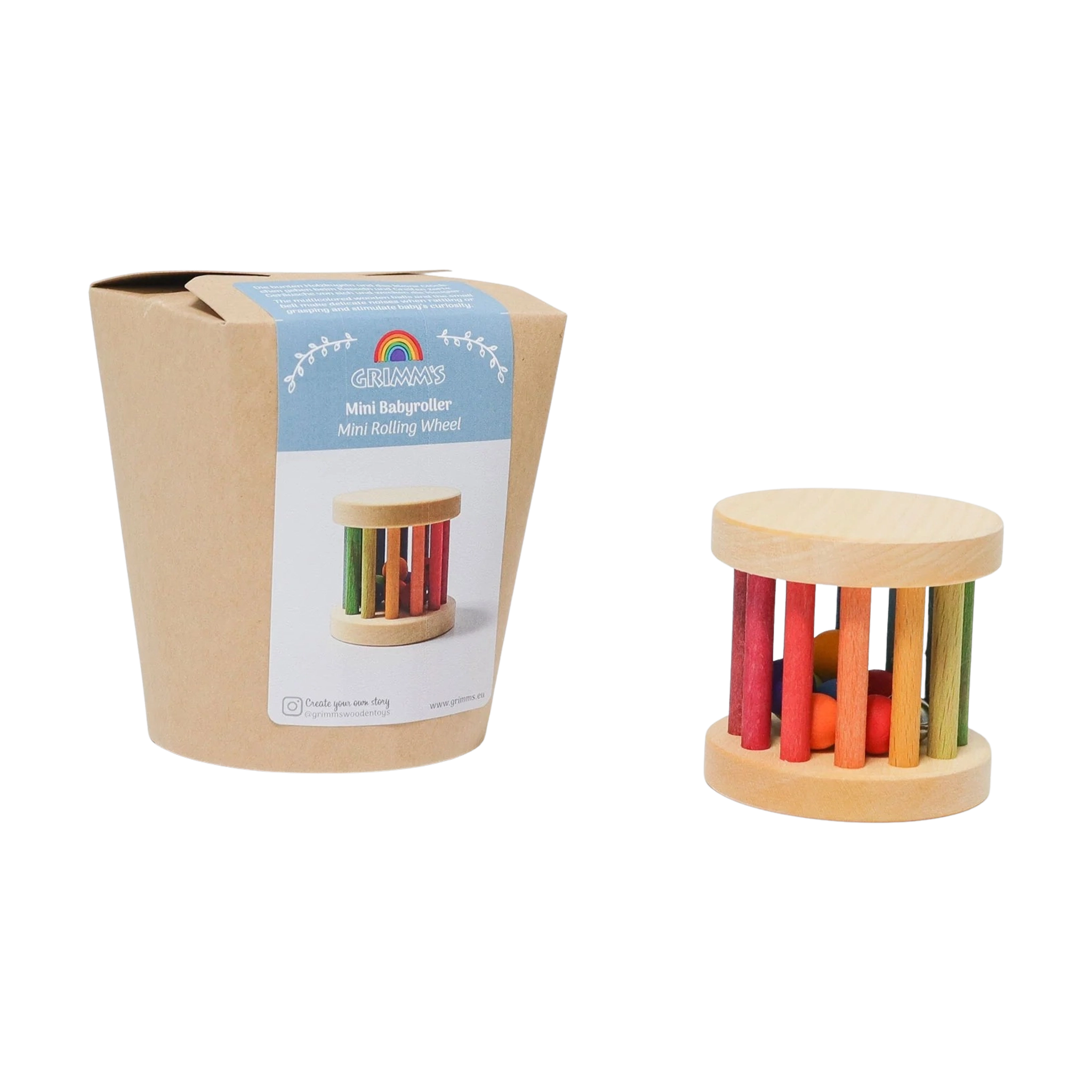 Rassel: Regenbogen Mini-Babyroller von GRIMM’S, ein motorisches Spielzeug mit runden Holz-Endkappen und regenbogenfarbenen Stäben, gefüllt mit Holzkugeln, die beim Rollen klingeln. Verpackung zeigt GRIMM'S Logo und Produktinformationen.