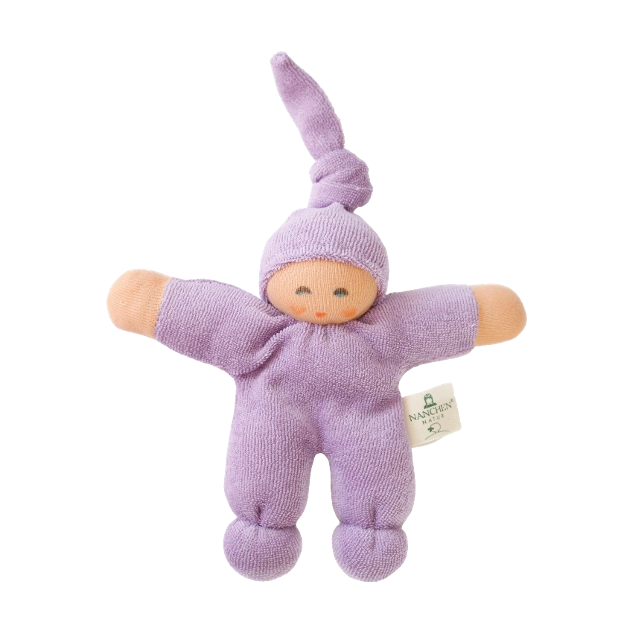 Puppe: Pimpel flieder, eine aus weichem Bio-Baumwollfrottee gefertigte Waldorfpuppe mit schlichtem Gesicht, lila Zipfelmütze und schadstofffreier Schafschurwolle gefüllt, hergestellt von Nanchen Natur für nachhaltige Freude.