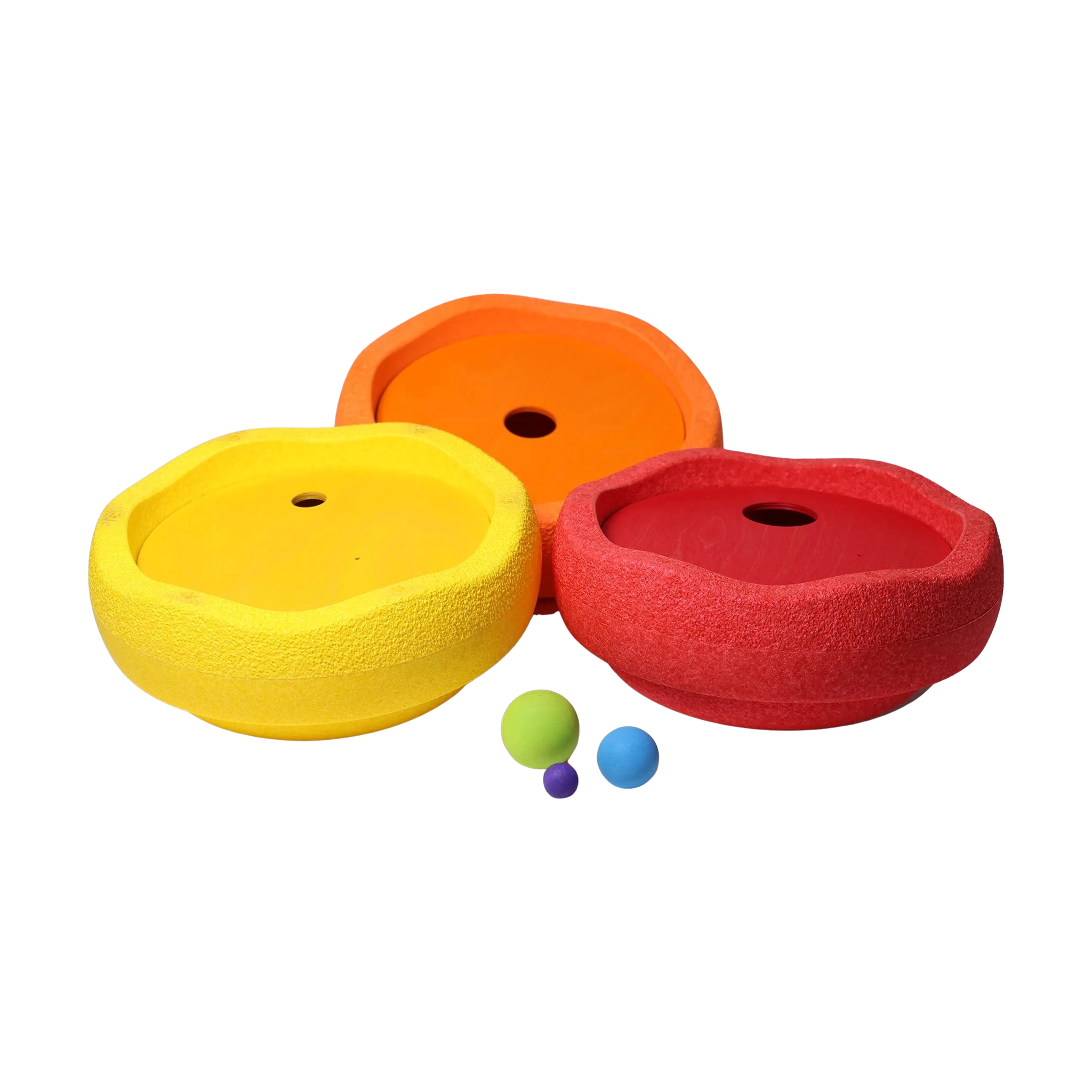 Freies Spiel: Kullerscheiben Warm Classic - Ein interaktives Puzzle-Feeder-Set bestehend aus drei flachen Schalen mit Löchern und drei kleinen Kugeln, das Haustieren spielerische Belohnungssuche ermöglicht und nachhaltige Freude bietet.