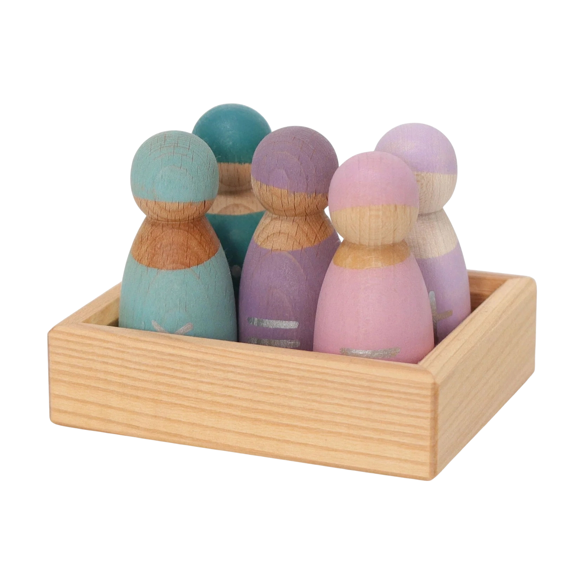 Freies Spiel: Fünf Rechenfreunde – Fünf Holzpuppen auf rechteckigem Tablett, halb in Pastelltönen bemalt, mit metallic Symbolen, ideal zum spielerischen Lernen. In einer deutschen Manufaktur gefertigt.