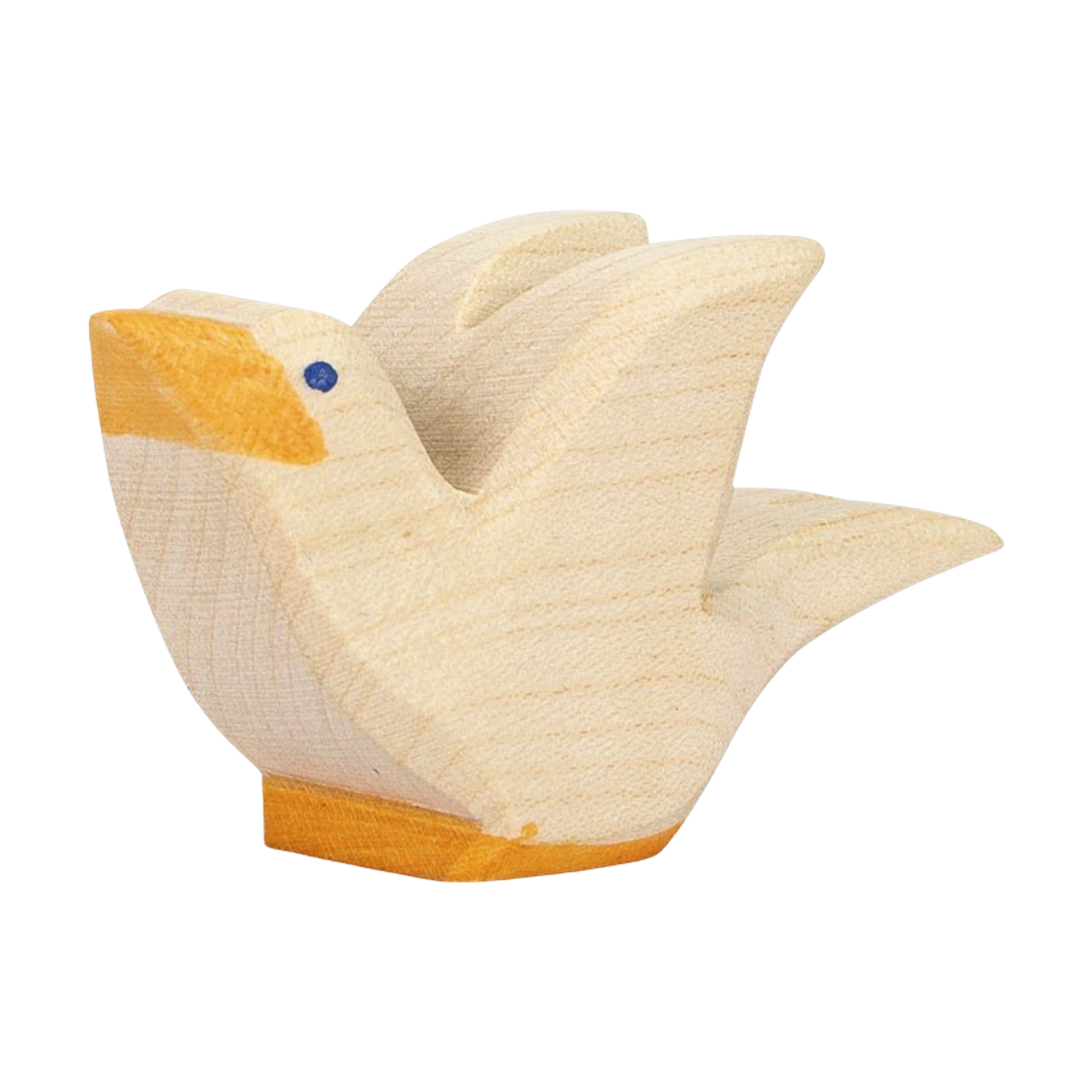 Holztier: Taube fliegend, ein stilisiertes Vogel-Figur aus hellem Ahornholz, mit handbemalten Details in Orange. Ideal für kreatives Spielen, hergestellt in Deutschland, verkörpert es nachhaltige Ästhetik von KLICKKLACK.