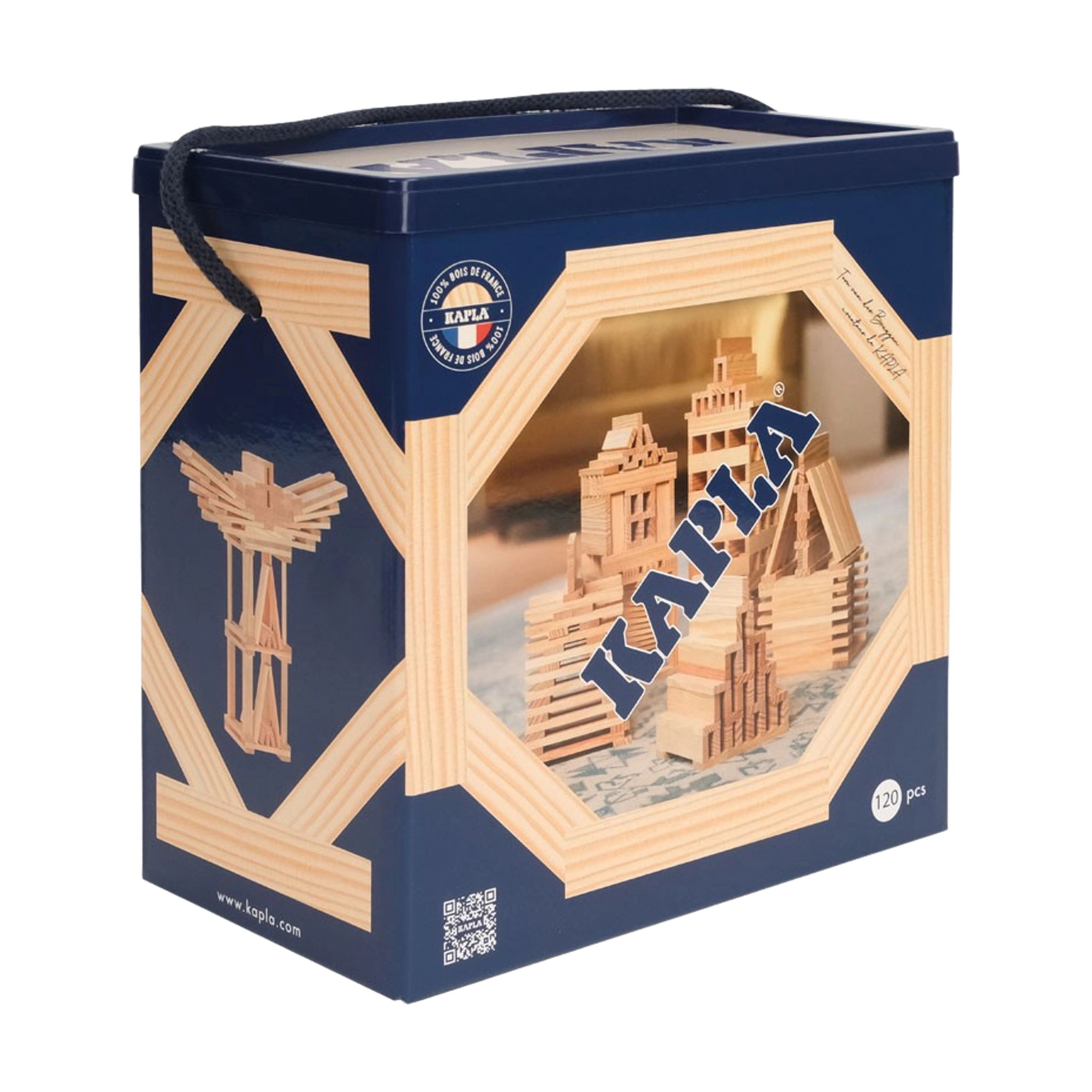 Bausteine: 120er Box von KAPLA in blauem Karton mit Tragegriff und Sichtfenster, zeigt kreative Bauideen. Enthält 120 nachhaltige Pinienholzplättchen und ein technisches Anleitungsheft für Inspirationen.