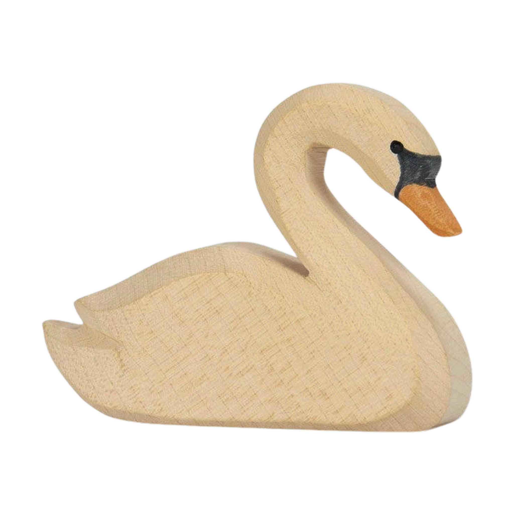 Holztier: Schwan, ein handgefertigtes, stilisiertes Holzfigürchen aus massivem Ahornholz mit einem orange bemalten Schnabel und dezenter schwarzer Kopfdetaillierung, ideal für kreatives Kinderspiel, hergestellt in Deutschland.