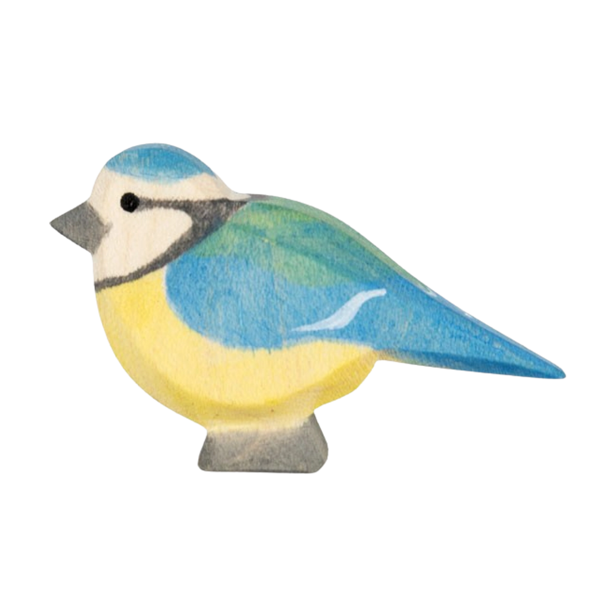 Holztier: Blaumeise, eine handbemalte Ahornholzfigur, zeigt eine stilisierte Meise mit gelbem Bauch und blauen, grünen Akzenten. Perfekt für kreatives Spiel und ideal zum Kombinieren mit anderen Ostheimer Figuren.