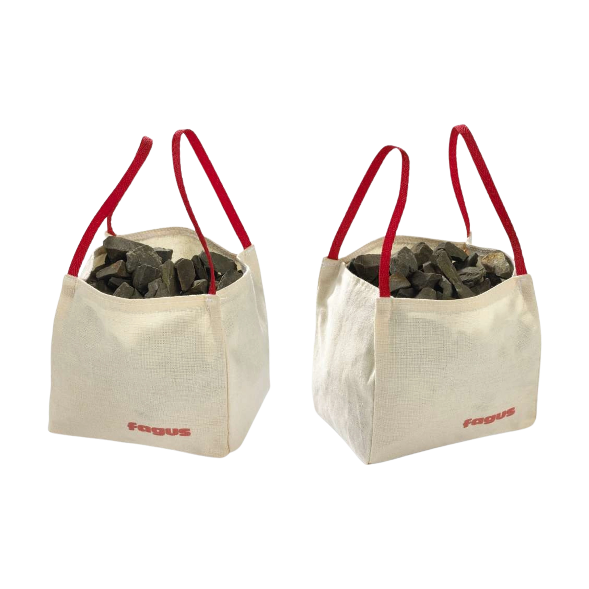 Zubehör: Big-Bags - Zwei quadratische Stofftaschen mit roten Griffen und fagus-Aufdruck, gefüllt mit dunklen Steinen, ideal für kreative Baustellen-Spielideen, hergestellt in einer geschützten Werkstätte in Deutschland.