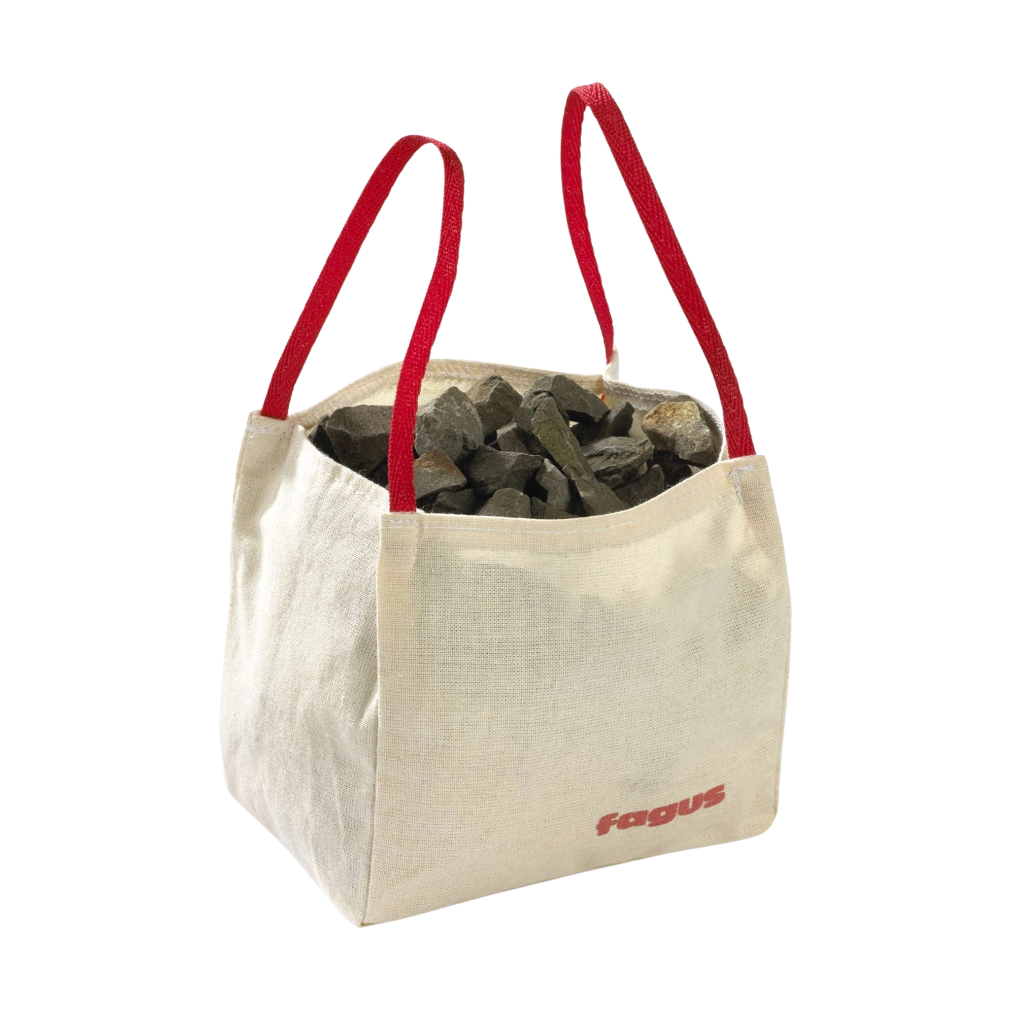 Zubehör: Big-Bags - Off-white Canvas-Tasche mit roten Griffen, aufgedrucktem “fagus”, gefüllt mit dunkelgrauen Gesteinsbrocken, ideal für Bauprojekte mit Fagus Baumaschinen. Hergestellt in Deutschland.