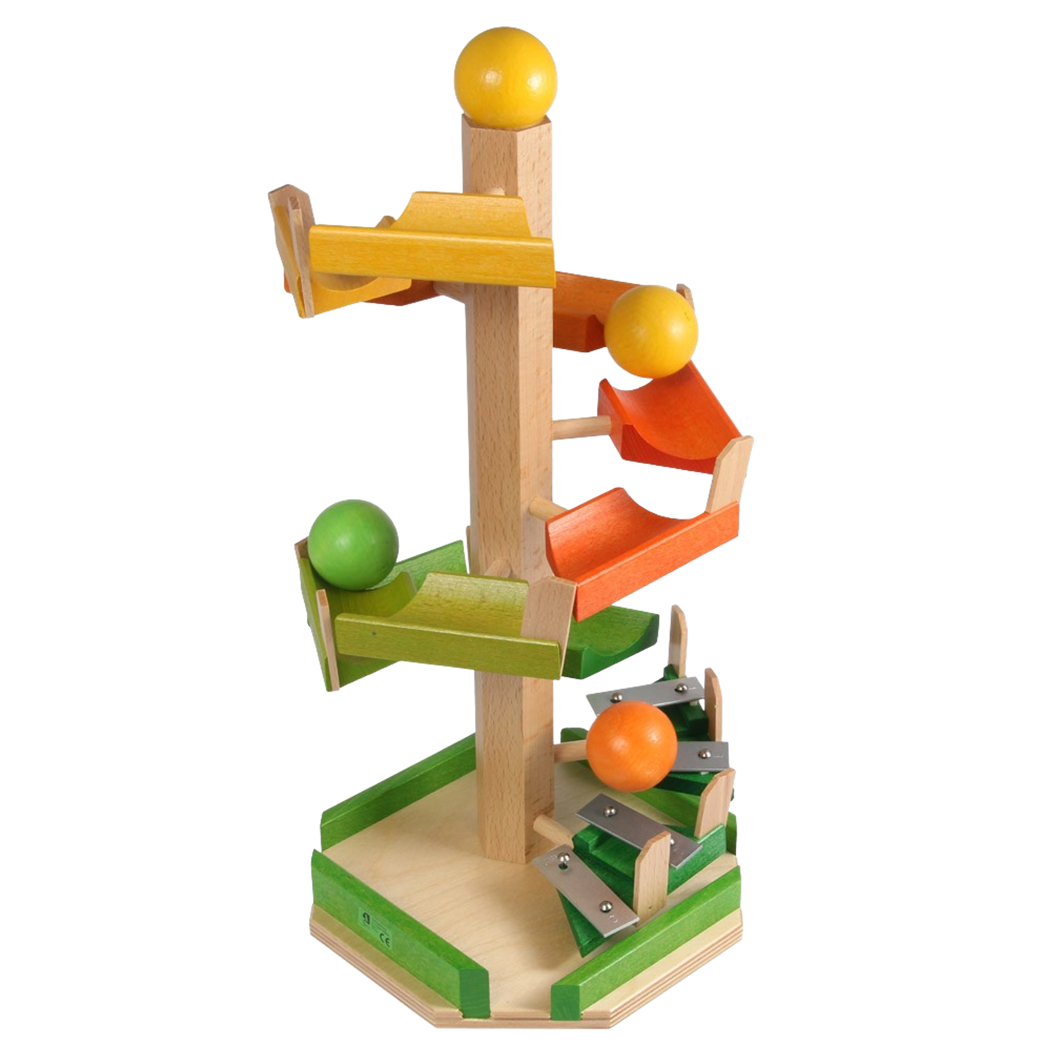 Treppenkugelturm aus massivem Buchenholz: Ein handgefertigtes Holzspielzeug mit vertikalem Pfosten und versetzten Rampen, auf dem bunte Holzkugeln hinabrollen. Hergestellt in einem deutschen Familienbetrieb, nachhaltig und ästhetisch ansprechend.