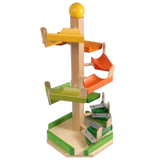 Treppenkugelturm aus massivem Buchenholz, ein hochwertiges, in Deutschland gefertigtes Spielzeug mit bunten Spiralen und Metallplatten, das beim Herunterrollen der Kugel Klang erzeugt. Elegantes Design, nachhaltig produziert.