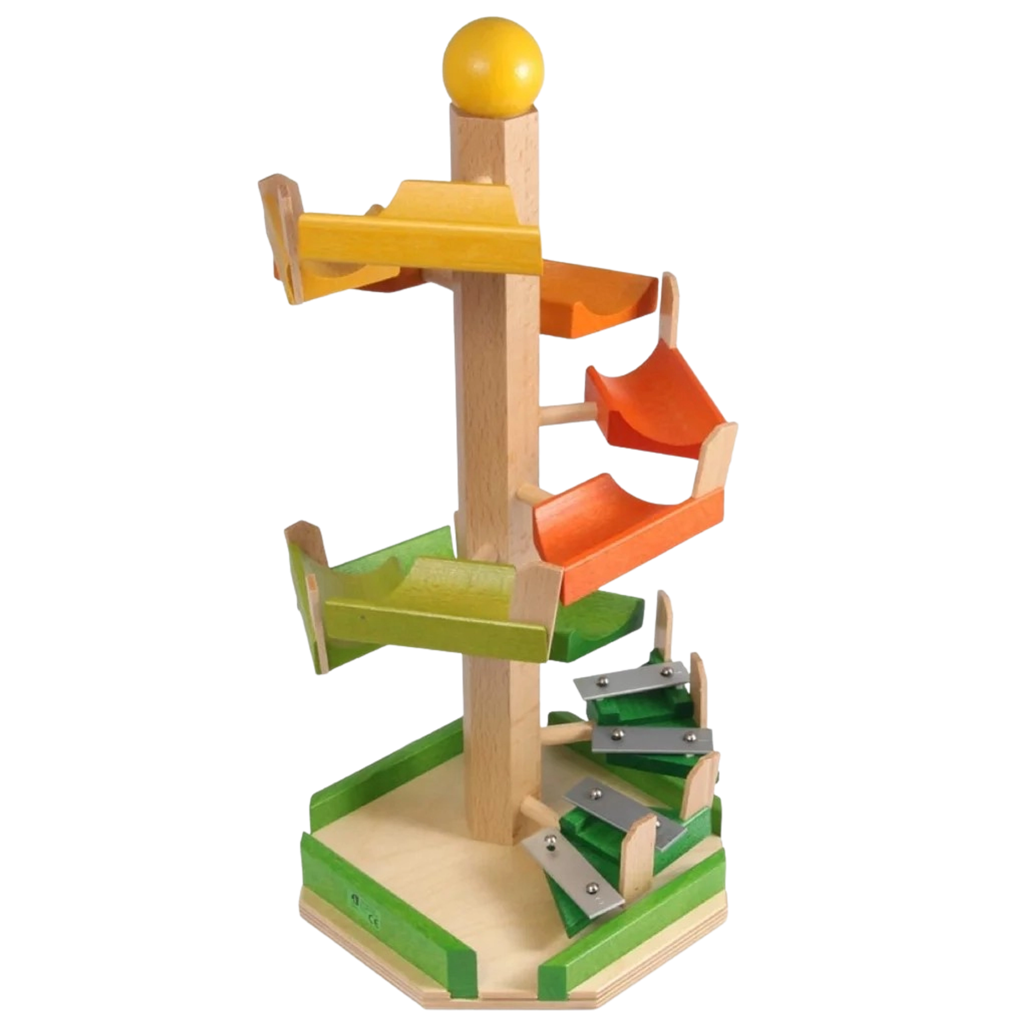Treppenkugelturm aus massivem Buchenholz, ein hochwertiges, in Deutschland gefertigtes Spielzeug mit bunten Spiralen und Metallplatten, das beim Herunterrollen der Kugel Klang erzeugt. Elegantes Design, nachhaltig produziert.