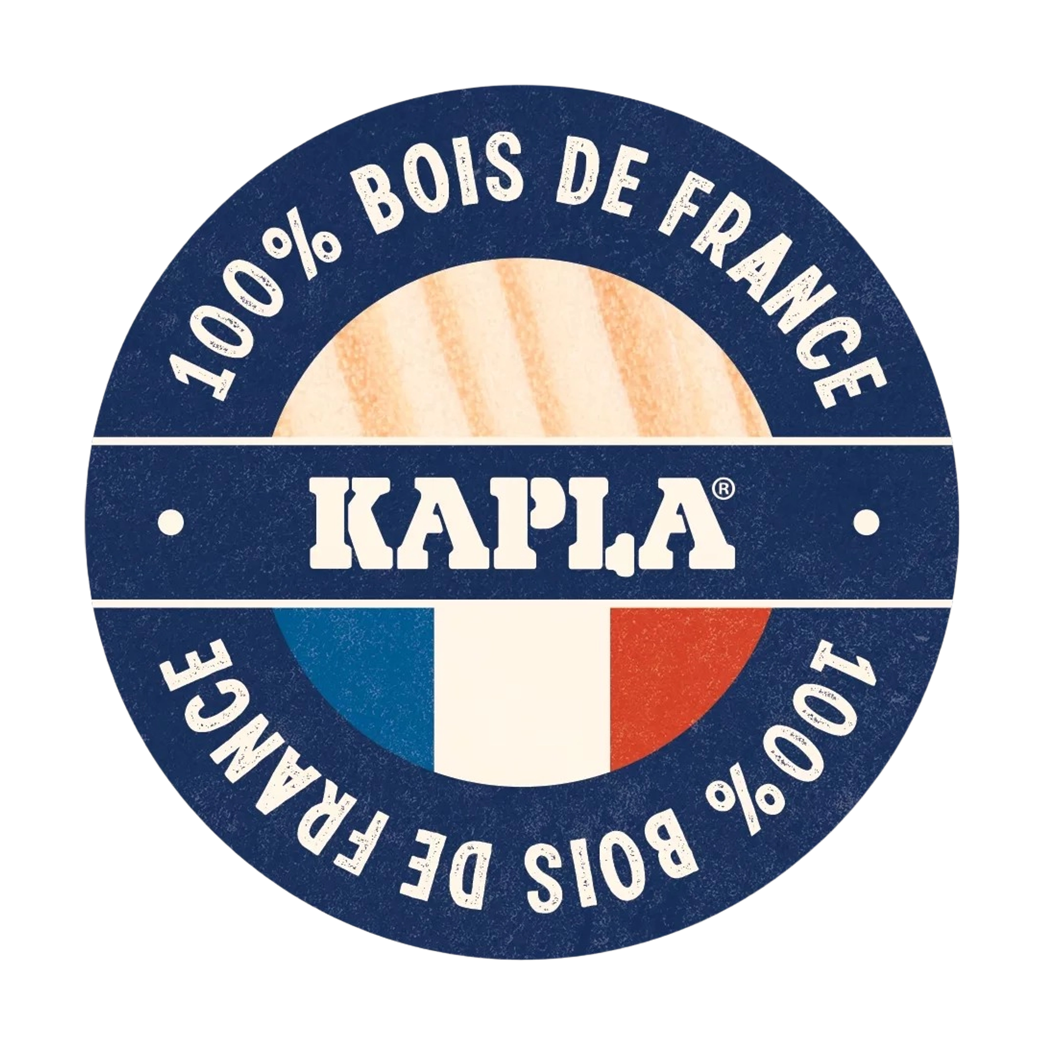 Rundes Siegel für Bausteine: 280er Kasten von KAPLA, zeigt 100 % Bois de France, betont nachhaltige französische Produktion. Enthält naturfarbene Plättchen und Kunstbuch, ideal für kreative Bauprojekte ab 6 Jahren.