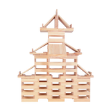 Bausteine: 200er Box aus Kapla-Plättchen zeigt ein detailliertes Modell einer Pagode, gebaut aus identischen, dünnen Holzplättchen, die Kreativität und räumliches Denken fördern. Nachhaltig in Frankreich produziert.