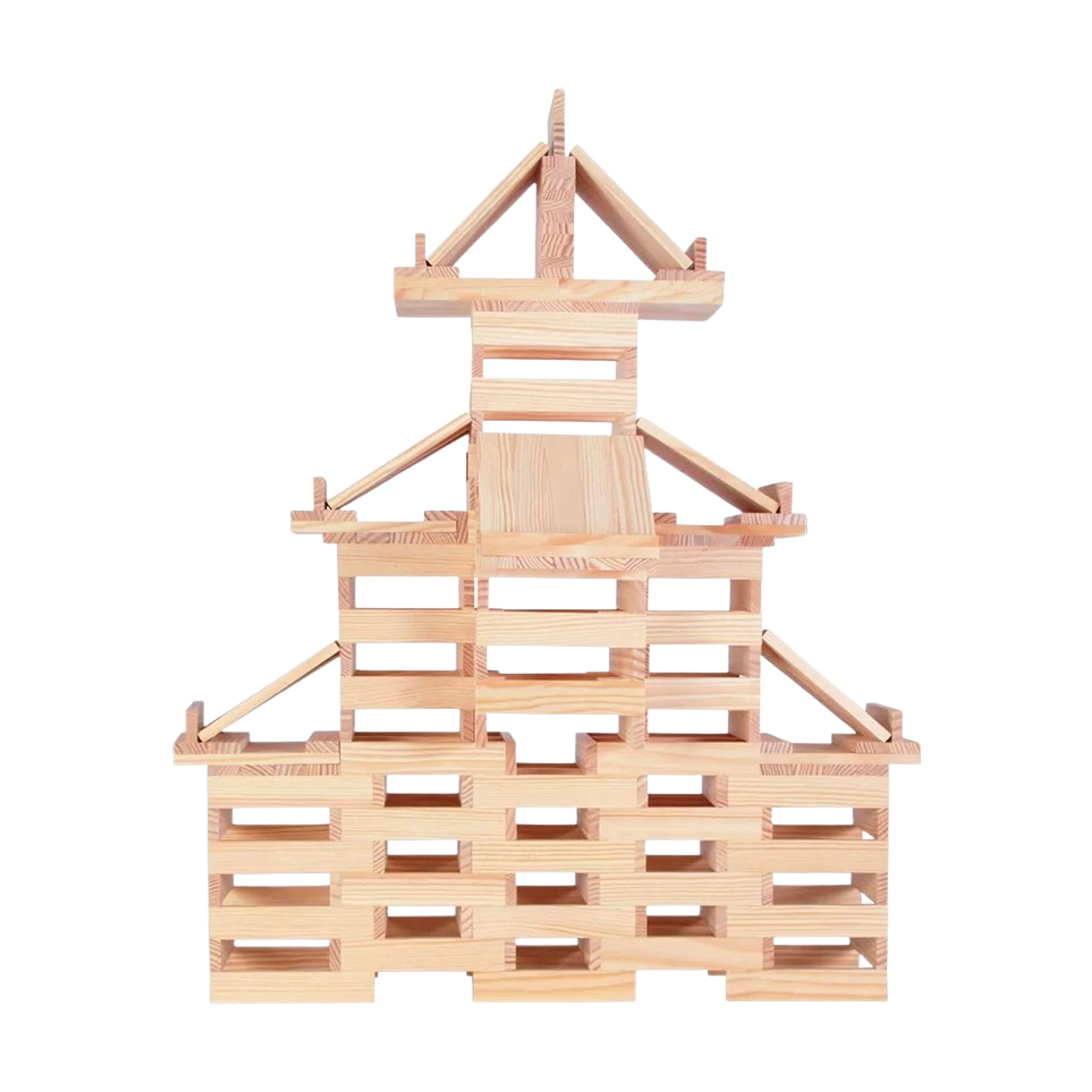 Bausteine: 200er Box aus Kapla-Plättchen zeigt ein detailliertes Modell einer Pagode, gebaut aus identischen, dünnen Holzplättchen, die Kreativität und räumliches Denken fördern. Nachhaltig in Frankreich produziert.