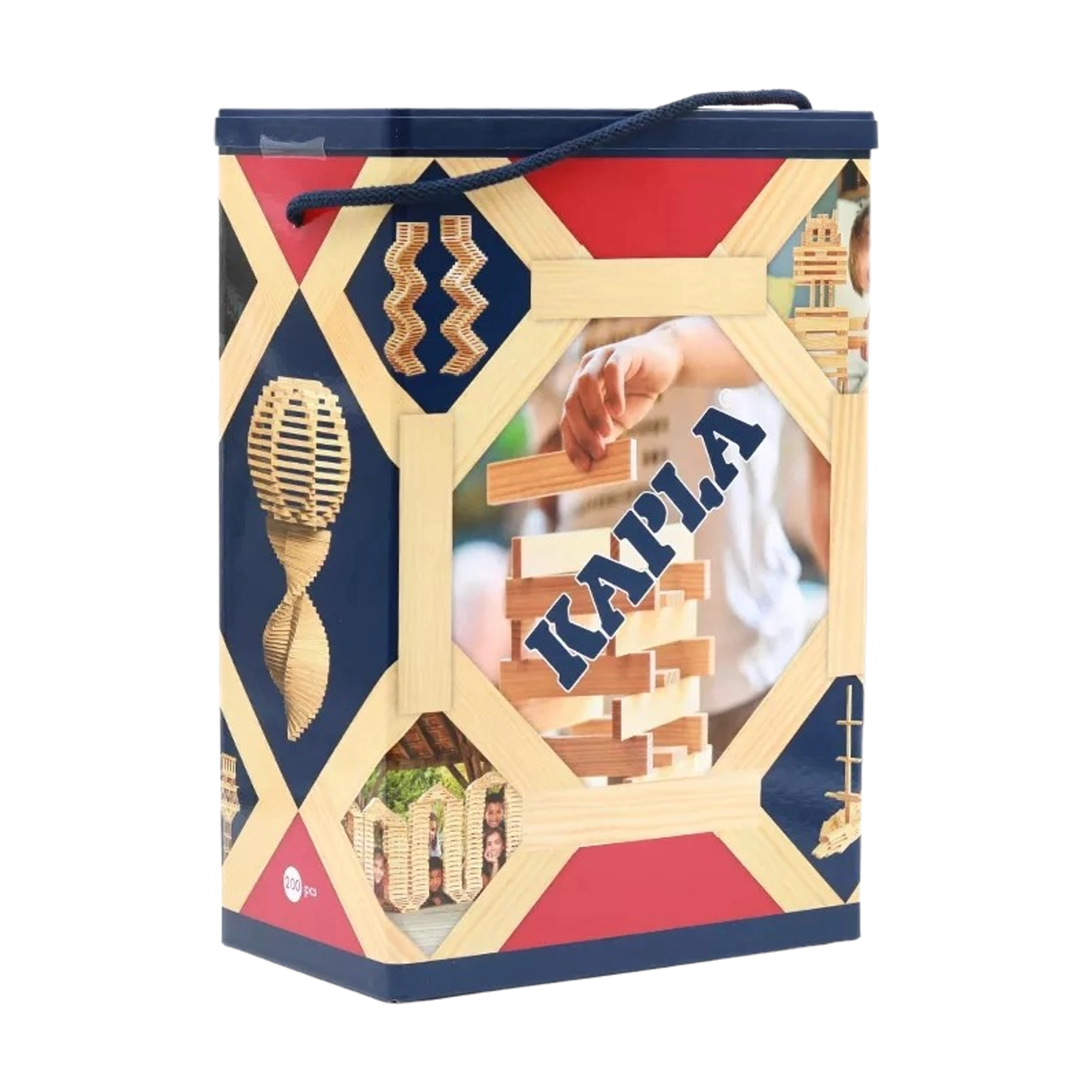 Bausteine: 200er Box im ikonischen sechseckigen KAPLA-Behälter mit Seilgriff, enthält 200 identische, nachhaltige Pinienholzplättchen, ideal für kreative Bauprojekte. Enthält ein technisches Anleitungsheft für Inspiration.