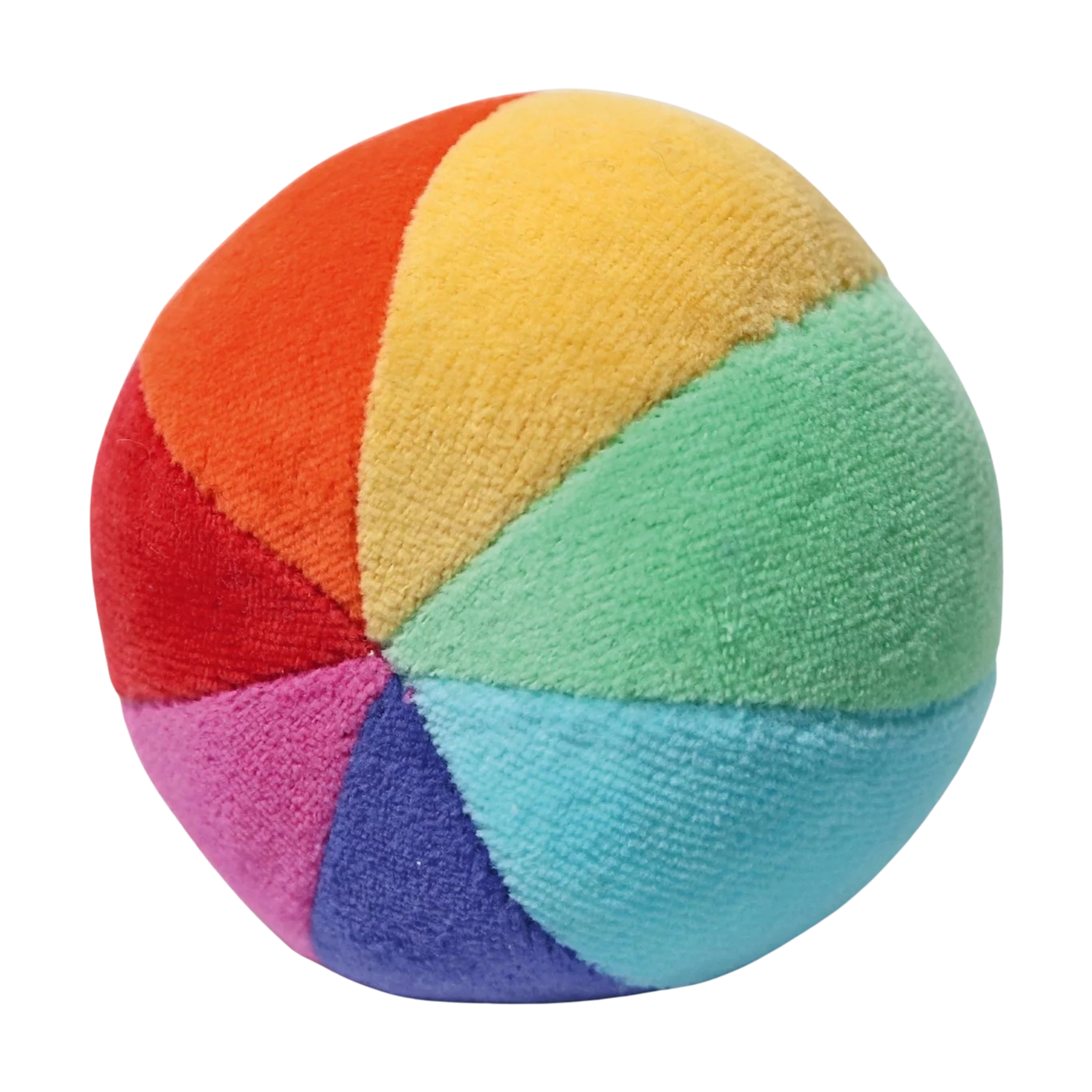 Regenbogenball aus weichem Nikistoff, gefüllt mit Polyesterwolle, motiviert Babys durch sanftes Klingeln zum Greifen und Krabbeln. Nachhaltig in Deutschland gefertigt, ideal für die Förderung der Feinmotorik.