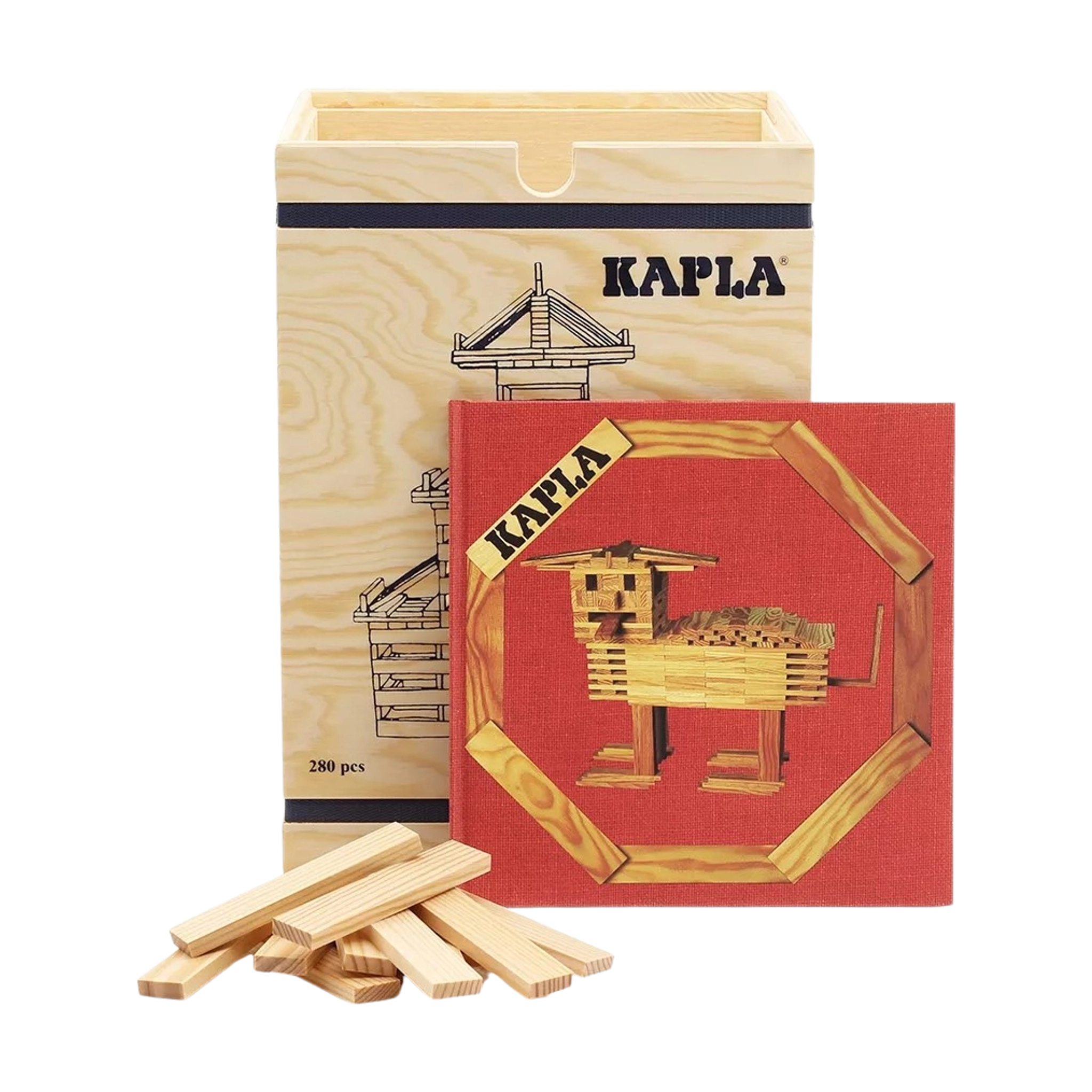 Bausteine: 280er Kasten zeigt 280 nachhaltige KAPLA-Plättchen aus Pinienholz in einer stabilen Holzkiste mit technischem Anleitungsheft, ideal zur Förderung von Kreativität und räumlichem Denken für Kinder ab 6 Jahren.