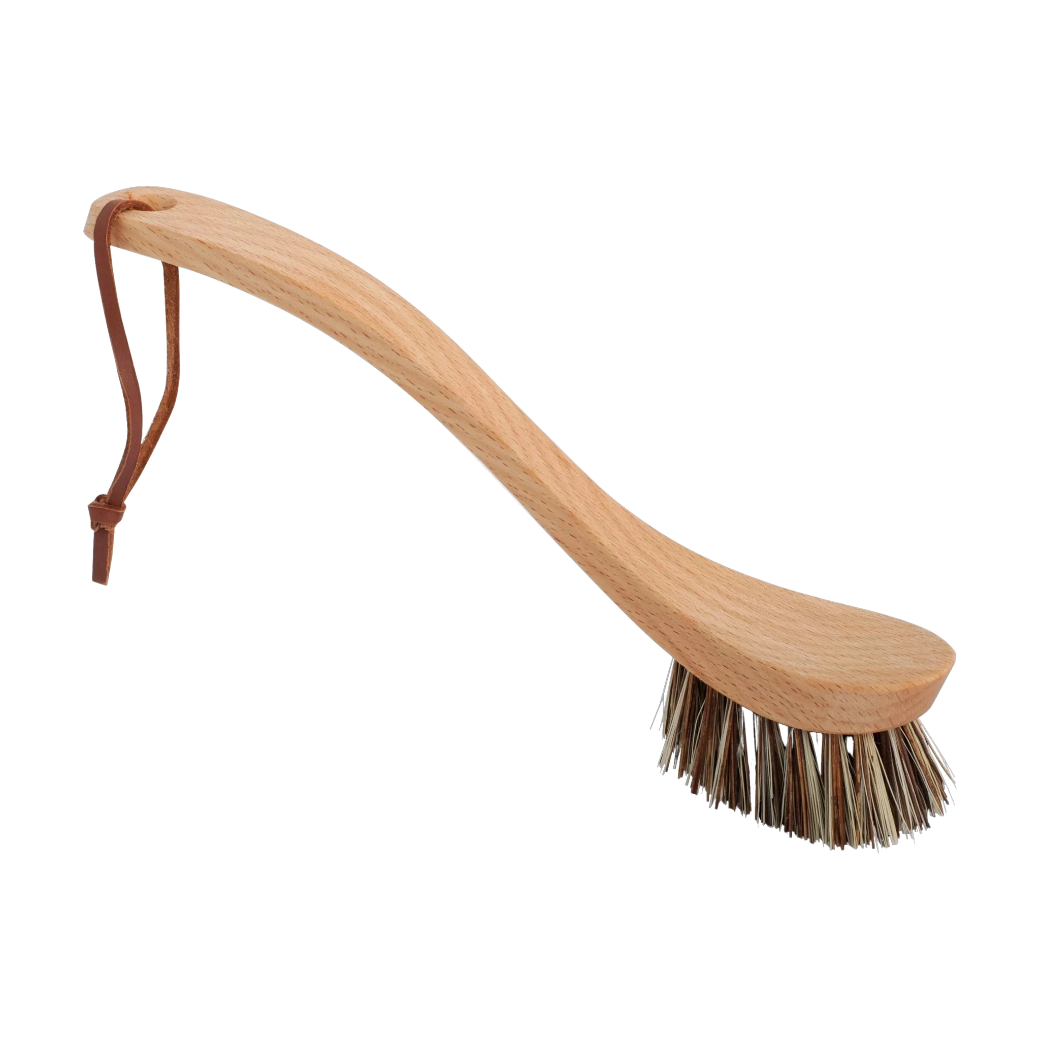 Spülbürste mit langem Holzgriff und steifen Borsten, ideal zum Schrubben von Töpfen und Pfannen. Ein Lederband am Griffende ermöglicht praktisches Aufhängen, passend zum nachhaltigen Designanspruch von KLICKKLACK.