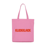 Die Stofftasche Zuckerwatte aus 100% recycelter Baumwolle zeigt den roten Schriftzug „KLICKKLACK“. Sie hat lange Tragegriffe, eine Balgfalte für mehr Volumen und eine praktische Innentasche.