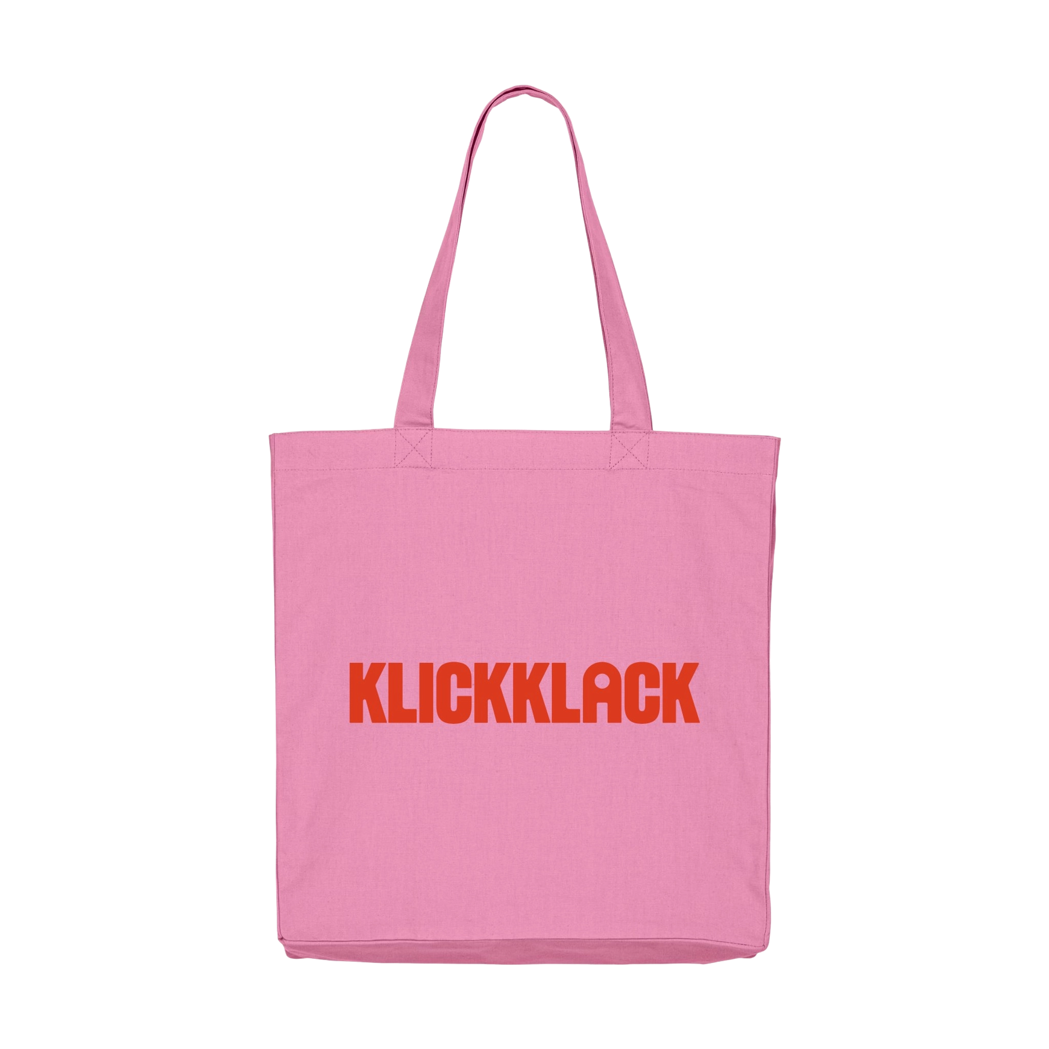 Die Stofftasche Zuckerwatte aus 100% recycelter Baumwolle zeigt den roten Schriftzug „KLICKKLACK“. Sie hat lange Tragegriffe, eine Balgfalte für mehr Volumen und eine praktische Innentasche.