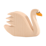 Holztier: Schwan aus massivem Ahornholz, handbemalt, zeigt feine Details eines Wasservogels. Perfekt für kreatives Spiel und passt zu weiteren Ostheimer Holzfiguren, hergestellt in Deutschland.