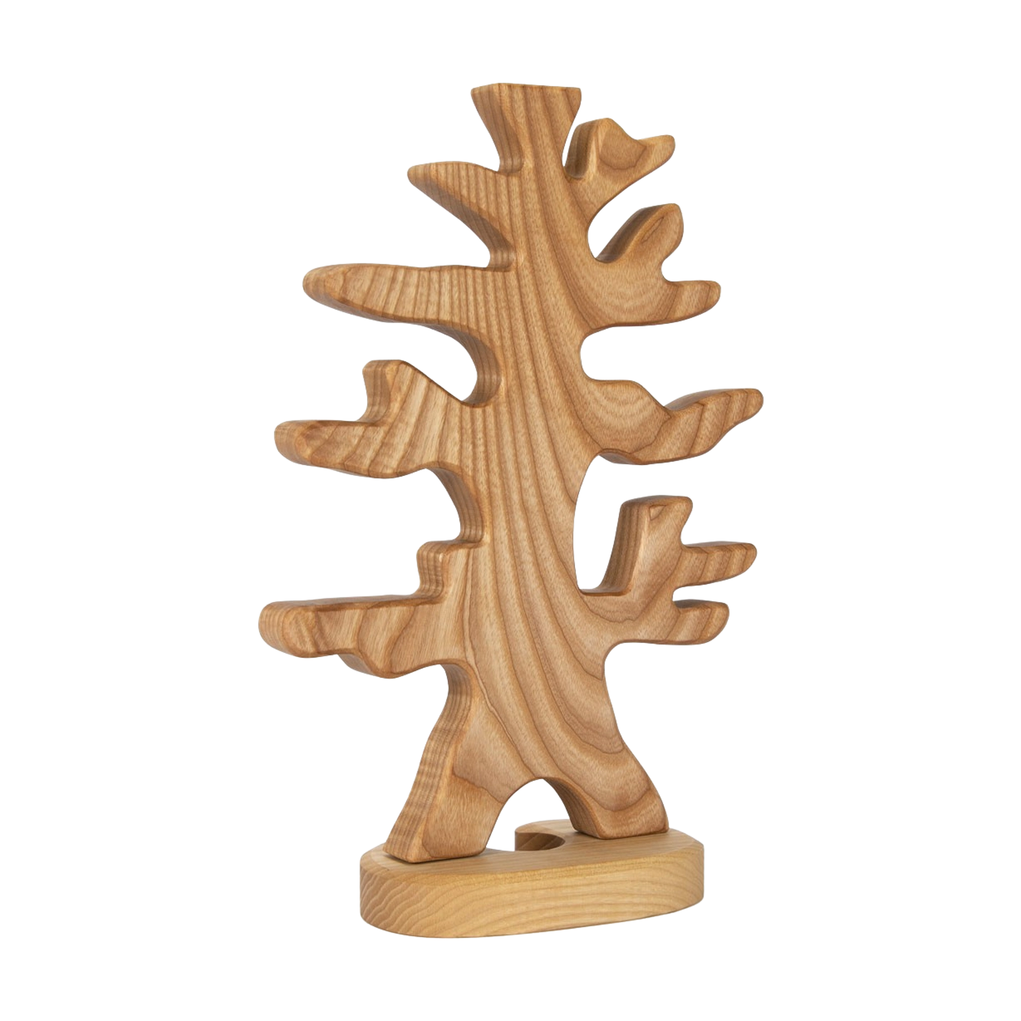 Holzfigur: Vogelbaum, kunstvoll aus massivem Ahornholz geschnitzt und handbemalt, ideal für kreatives Kinderspiel, verkörpert nachhaltiges Design und Handwerkskunst, hergestellt in einer geschützten Werkstätte in Deutschland.