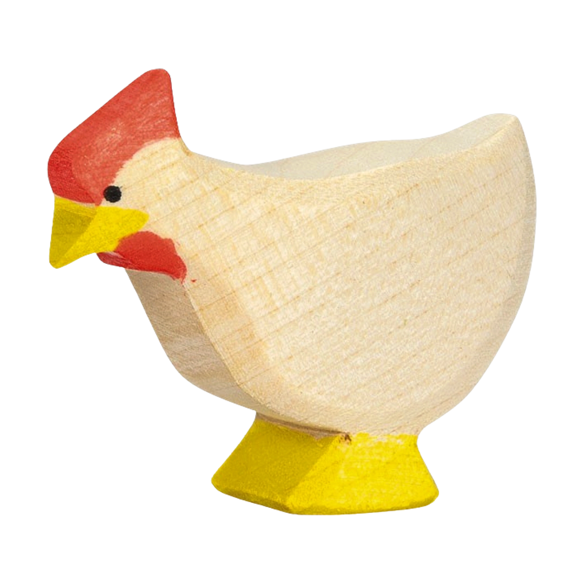 Holztier: Huhn weiß stehend, eine handgefertigte Figur aus massivem Ahornholz mit roten Details, ideal für kreatives Kinderspiel. Perfekt kombiniert mit anderen Ostheimer Holzfiguren, gefertigt in einer deutschen Werkstätte.