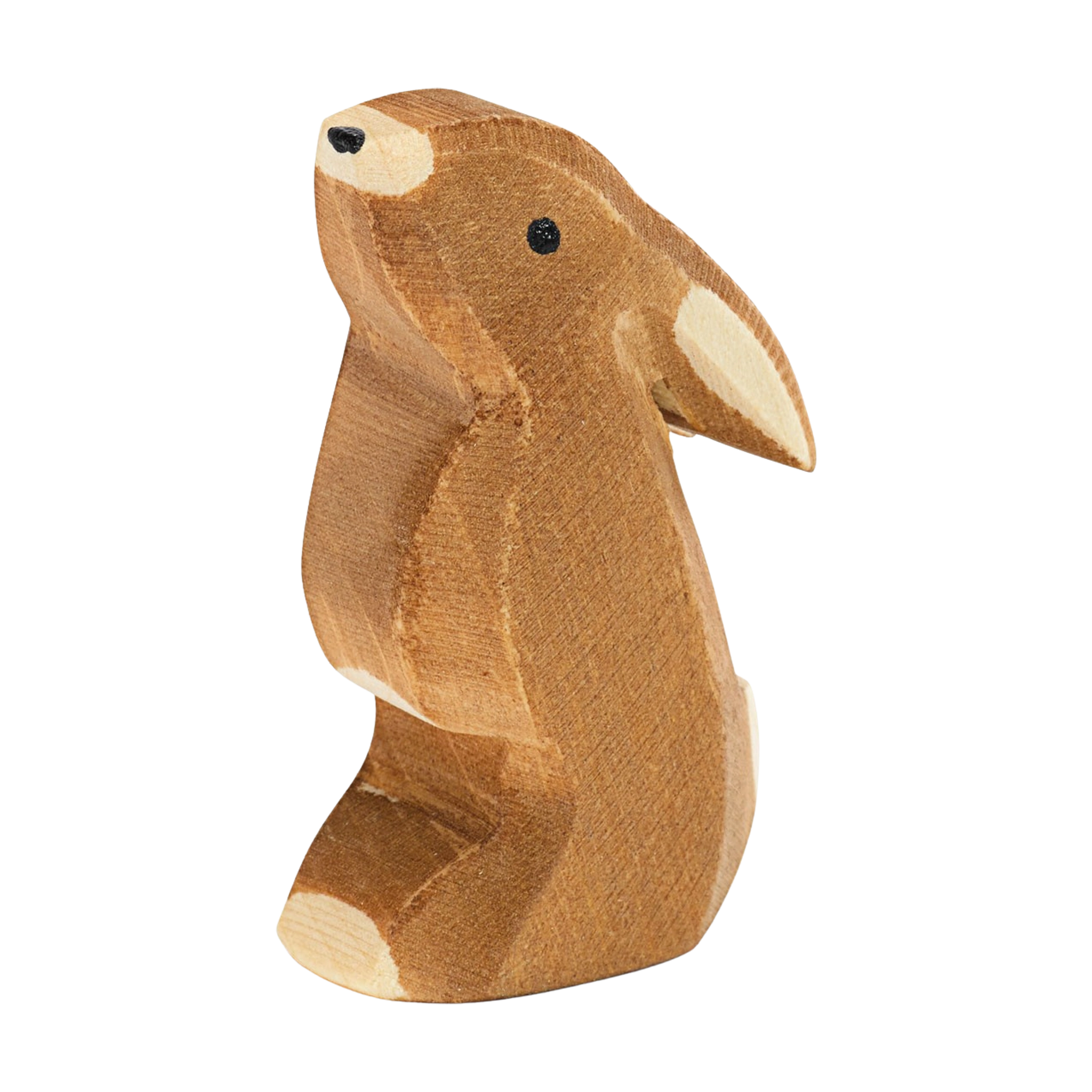 Holztier: Hase Ohr tief, eine handbemalte, detailreiche Holzskulptur aus massivem Ahornholz, ideal für kreatives Spiel, hergestellt in Deutschland. Perfekt kombinierbar mit weiteren Ostheimer Holzfiguren.