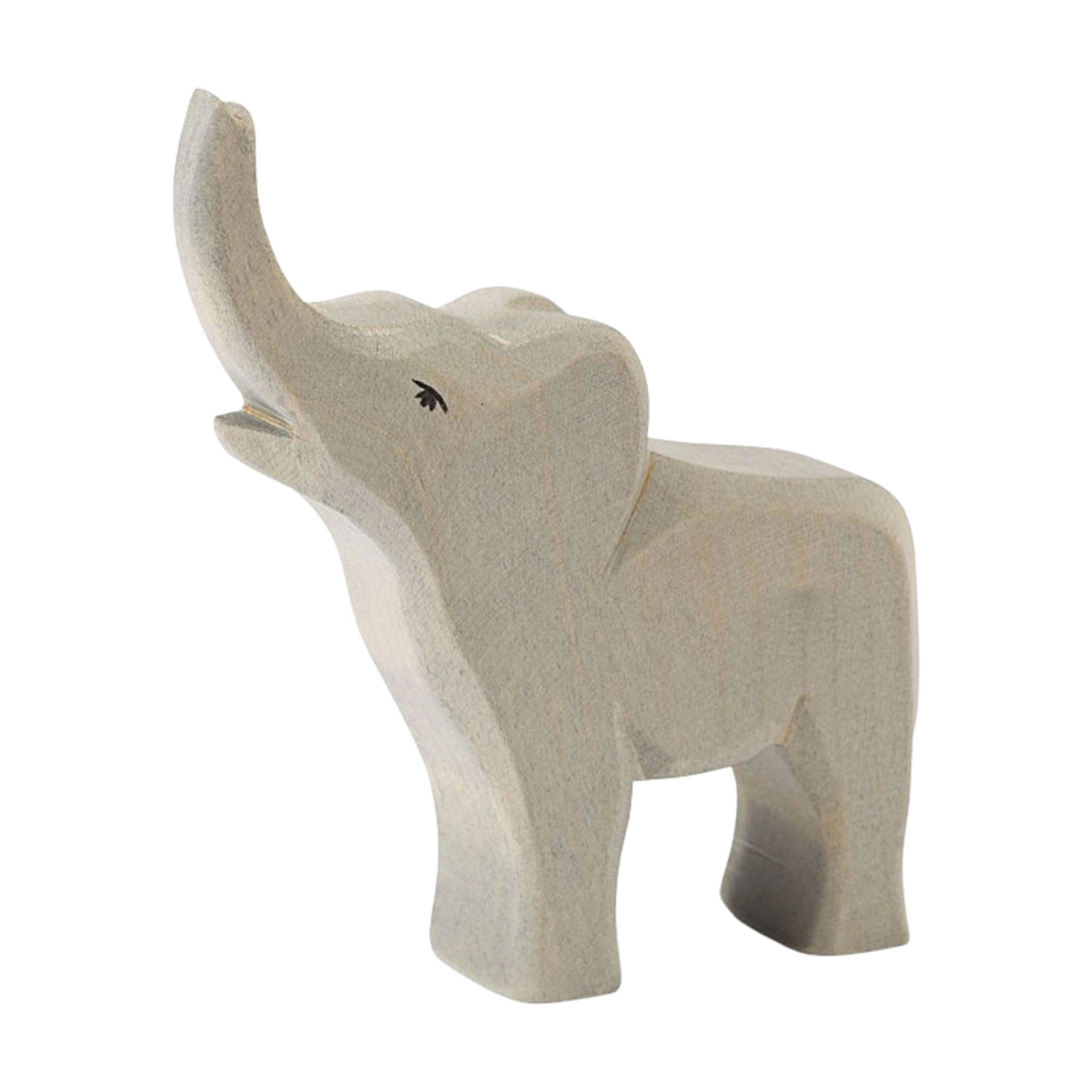 Holztier: Elefant klein trompetend, ein handbemalter, massiv aus Ahornholz gefertigter Elefantenfigur mit erhobenem Rüssel, ideal für kreatives Rollenspiel, hergestellt in einer geschützten Werkstätte in Deutschland.