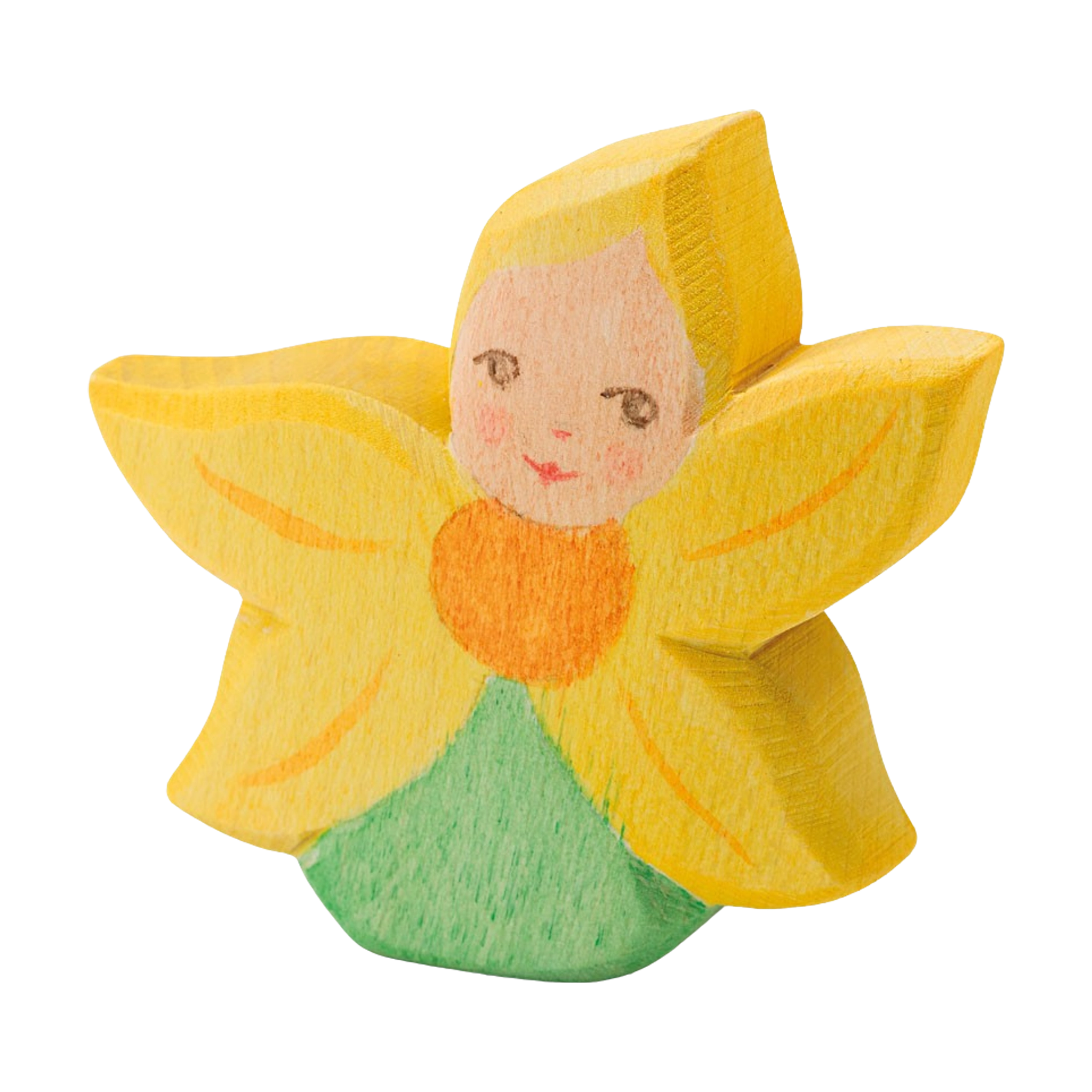 Holzfigur: Blumenkind Sonnenblume, handbemalt auf massivem Ahornholz, ideal für Rollenspiele von Kindern. Detailreiche Gestaltung mit einem floralen Motiv, passend zur nachhaltigen und ästhetischen Produktlinie von KLICKKLACK.