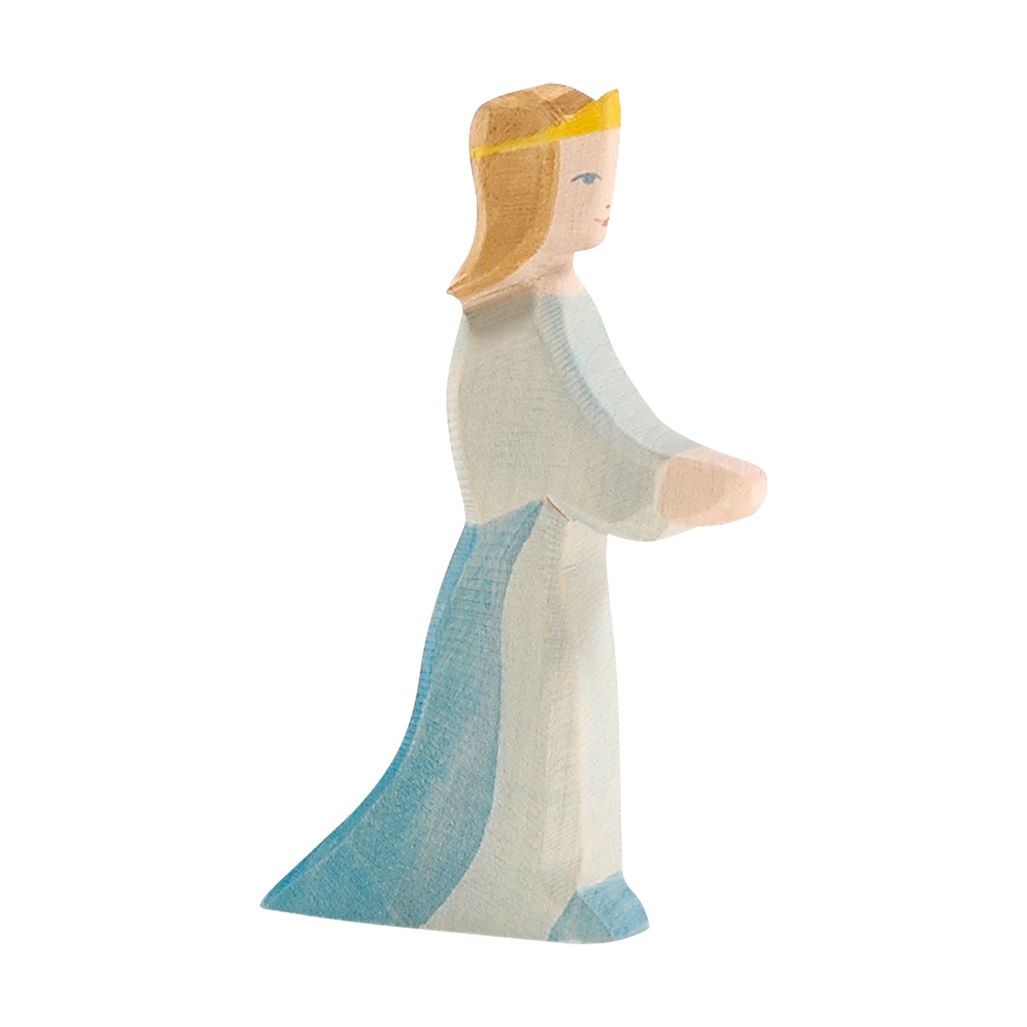 Holzfigur: Prinzessin, eine kunstvoll handbemalte, aus massivem Ahorn gefertigte Holzfigur einer Frau im Kleid, ideal für kreatives Kinderspiel, hergestellt in einer geschützten Werkstätte in Deutschland.