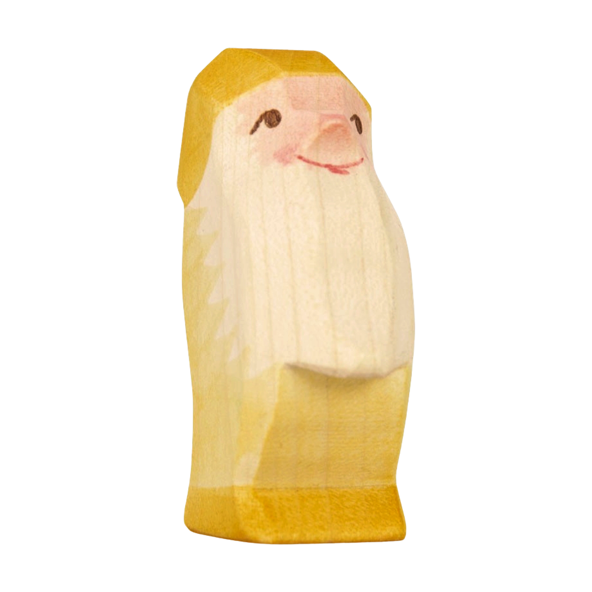 Holzfigur: Zwerg gelb, ein handgeschnitzter, lächelnder Mann mit langem, weißen Bart. Der Körper zeigt natürliche Holzmaserung mit leichtem Gelbton. Perfekt für kreatives Spiel, von Ostheimer in Deutschland gefertigt.