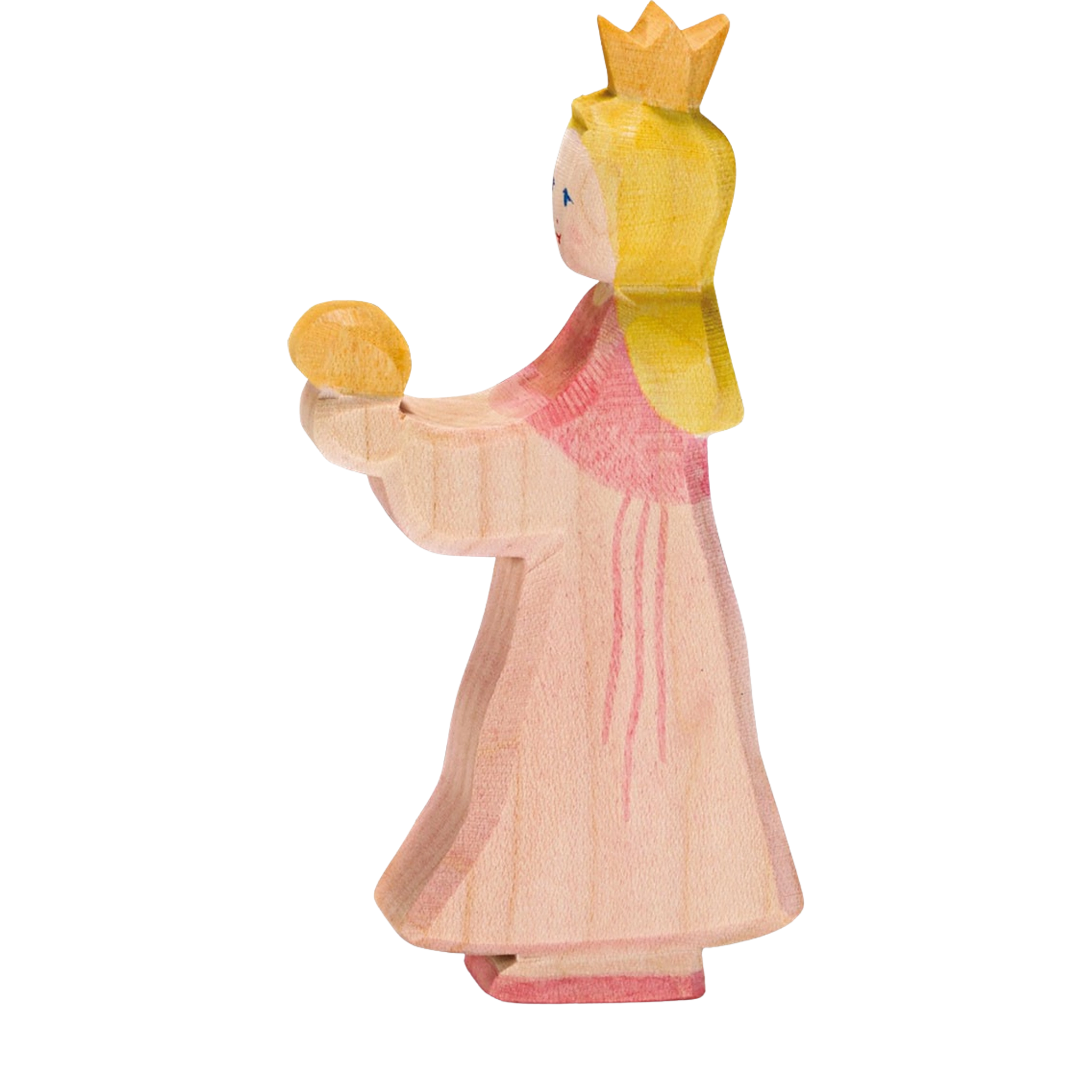 Holzfigur: Prinzessin für Froschkönig, aus massivem Ahornholz, detailreich von Hand bemalt, hält eine goldene Kugel, ideal für kreatives Spiel und kombinierbar mit weiteren Ostheimer Figuren.