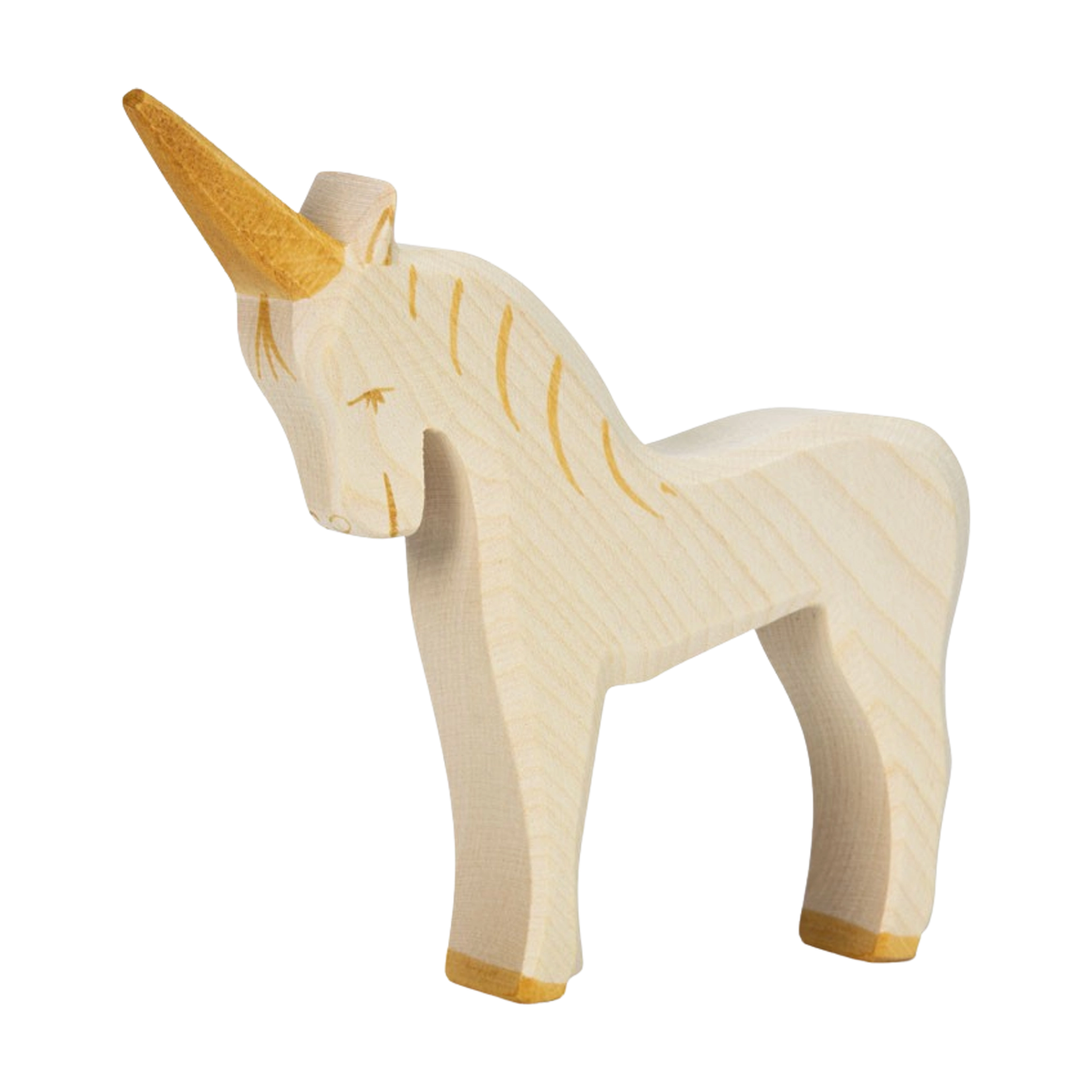 Holzfigur: Einhorn aus massivem Ahornholz, kunstvoll handbemalt. Diese detailreiche Tierfigur von Ostheimer fördert kreatives Rollenspiel bei Kindern und spiegelt KLICKKLACKs Engagement für nachhaltige, lokal produzierte Produkte wider.