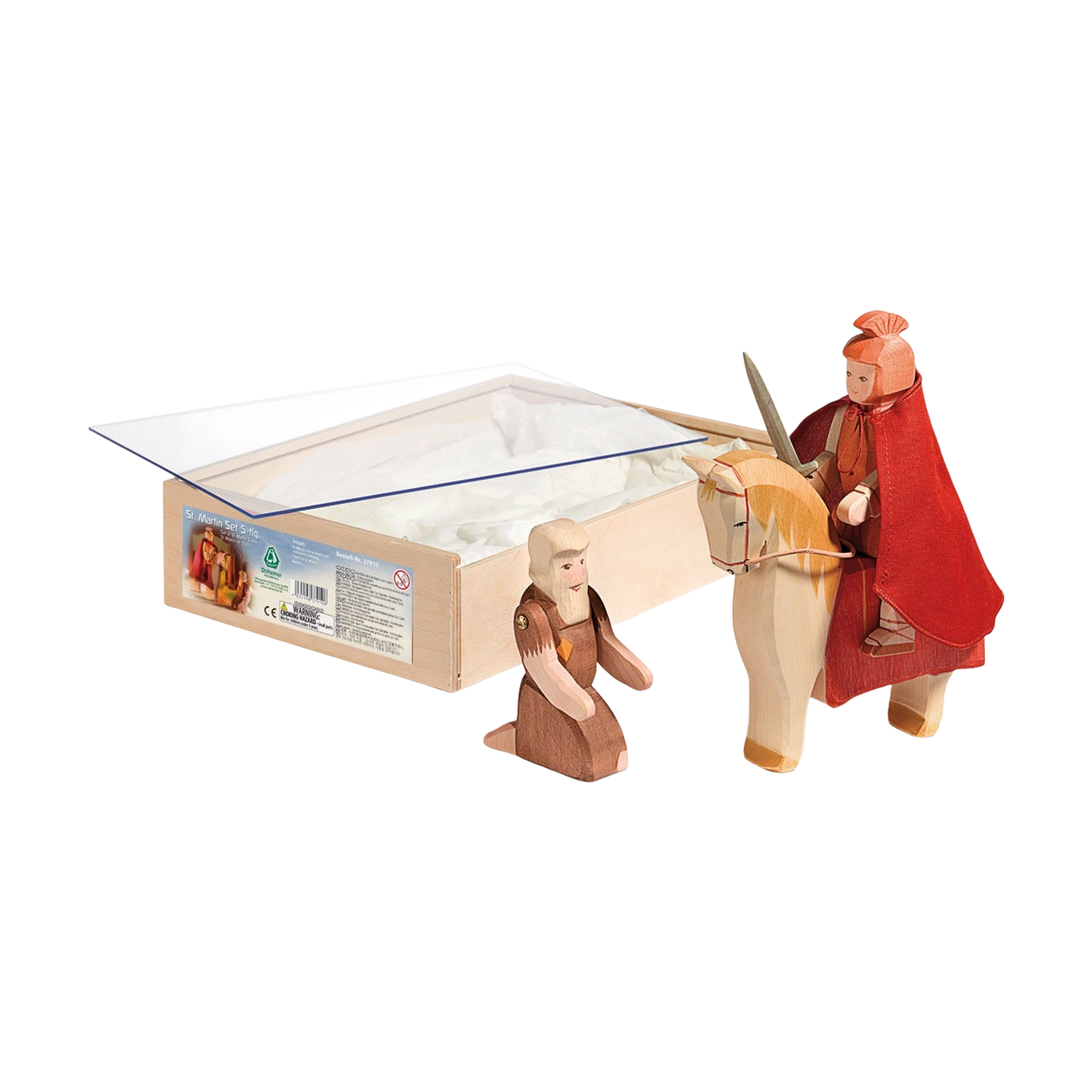 Holzfigur: St. Martin Set, bestehend aus einer handbemalten Holzfigur eines Mannes, der auf einem Pferd reitet, präsentiert in einer Box, ideal für kreatives Kinderspiel und kombiniert mit Ostheimer-Figuren.