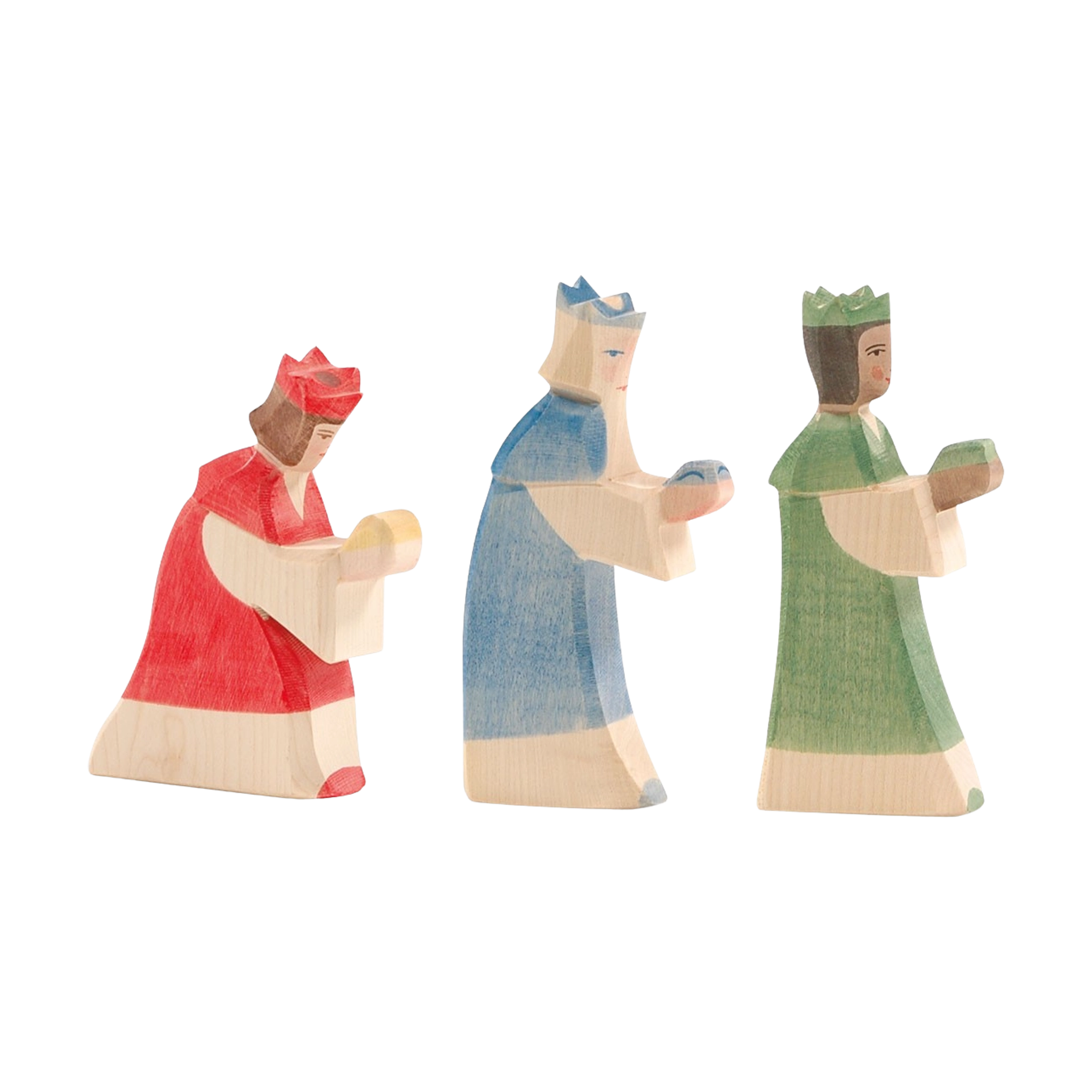 Holzfiguren: Drei Könige – Diese handbemalten, aus massivem Ahornholz gefertigten Figuren stellen die Weisen aus dem Morgenland dar, ideal für kreatives Spiel. Hergestellt in einer geschützten Werkstätte in Deutschland.